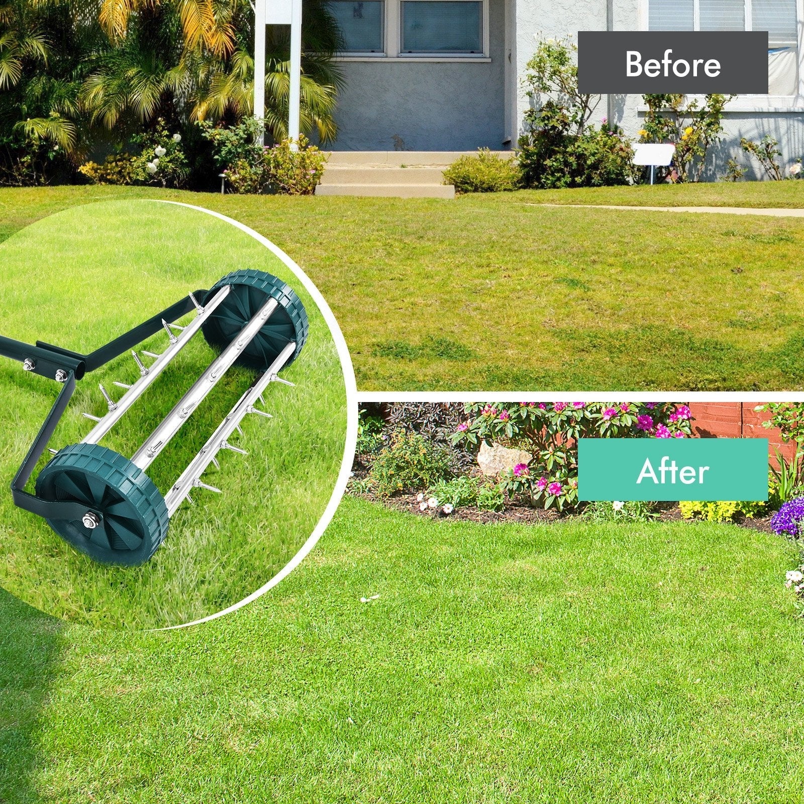 18 Inch Rolling Lawn Aerator with Anti-slip Handle and Tine Spikes, Green Lawn Care Tools   at Gallery Canada