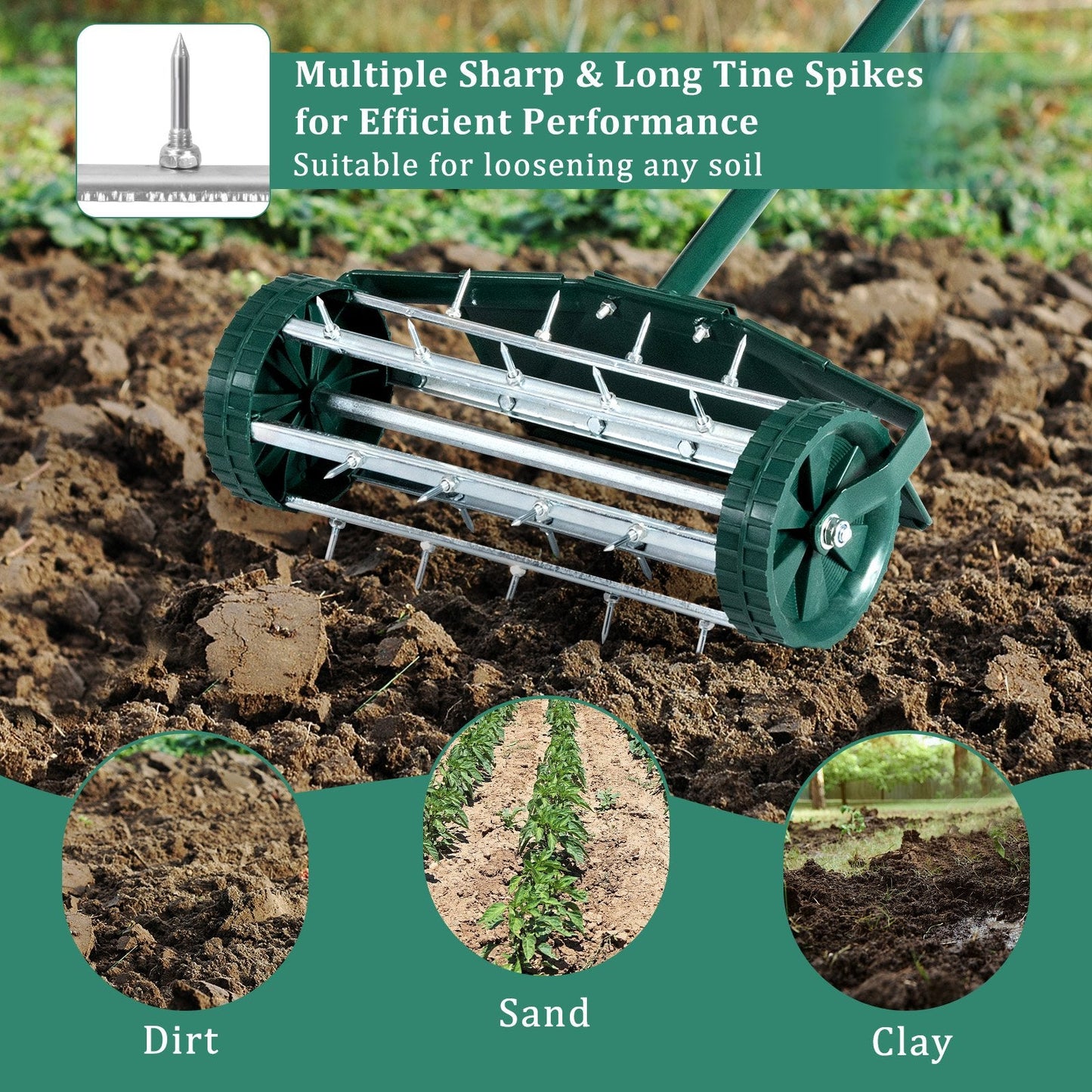 18 Inch Rolling Lawn Aerator with Splash-Proof Fender for Garden, Green Lawn Care Tools   at Gallery Canada