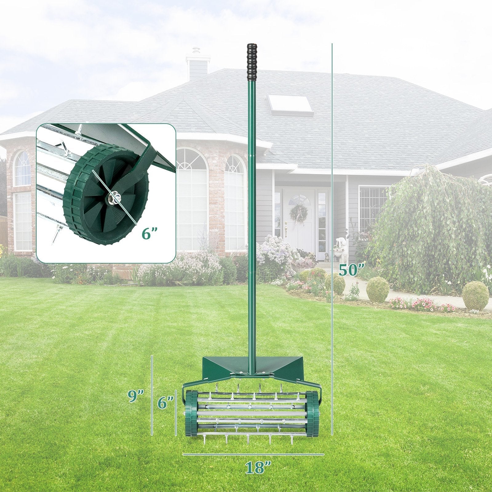 18 Inch Rolling Lawn Aerator with Splash-Proof Fender for Garden, Green Lawn Care Tools   at Gallery Canada