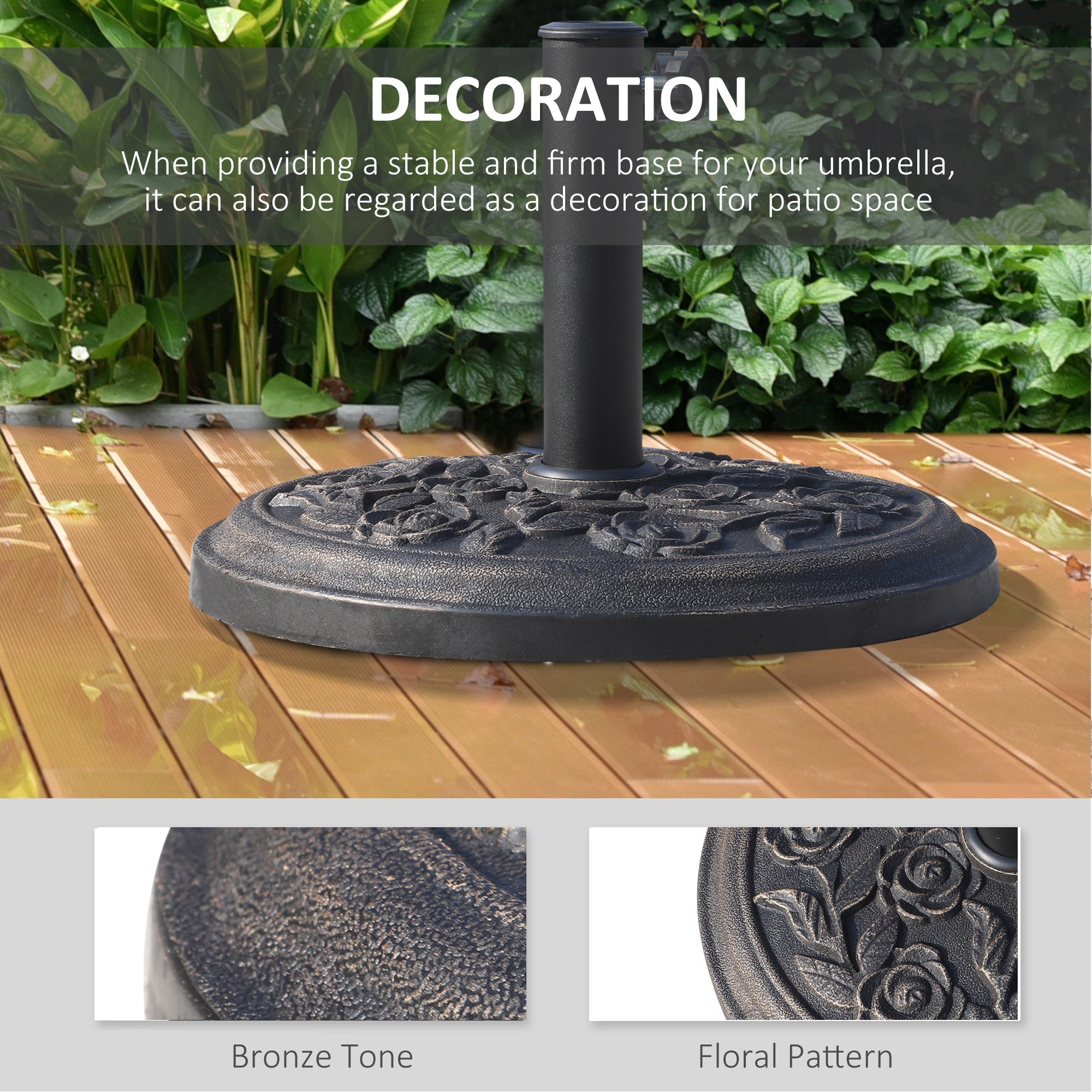 18” Round Patio Umbrella Base Outdoor Decorative Cast Stone Resin Parasol Stand Market Garden Umbrella Holder, Bronze Umbrella Bases   at Gallery Canada