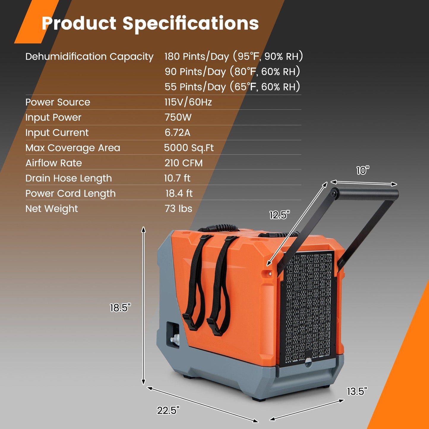 180 Pints/Day Commercial Dehumidifier with Pump and Drain Hose, Orange Dehumidifiers   at Gallery Canada