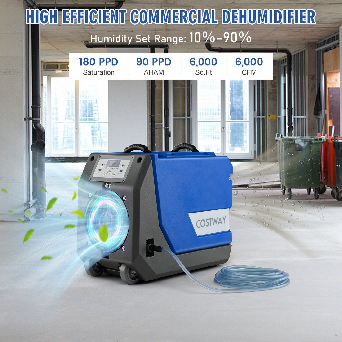 180 PPD Commercial Dehumidifier with Pump Drain Hose and Wheels, Blue Dehumidifiers   at Gallery Canada