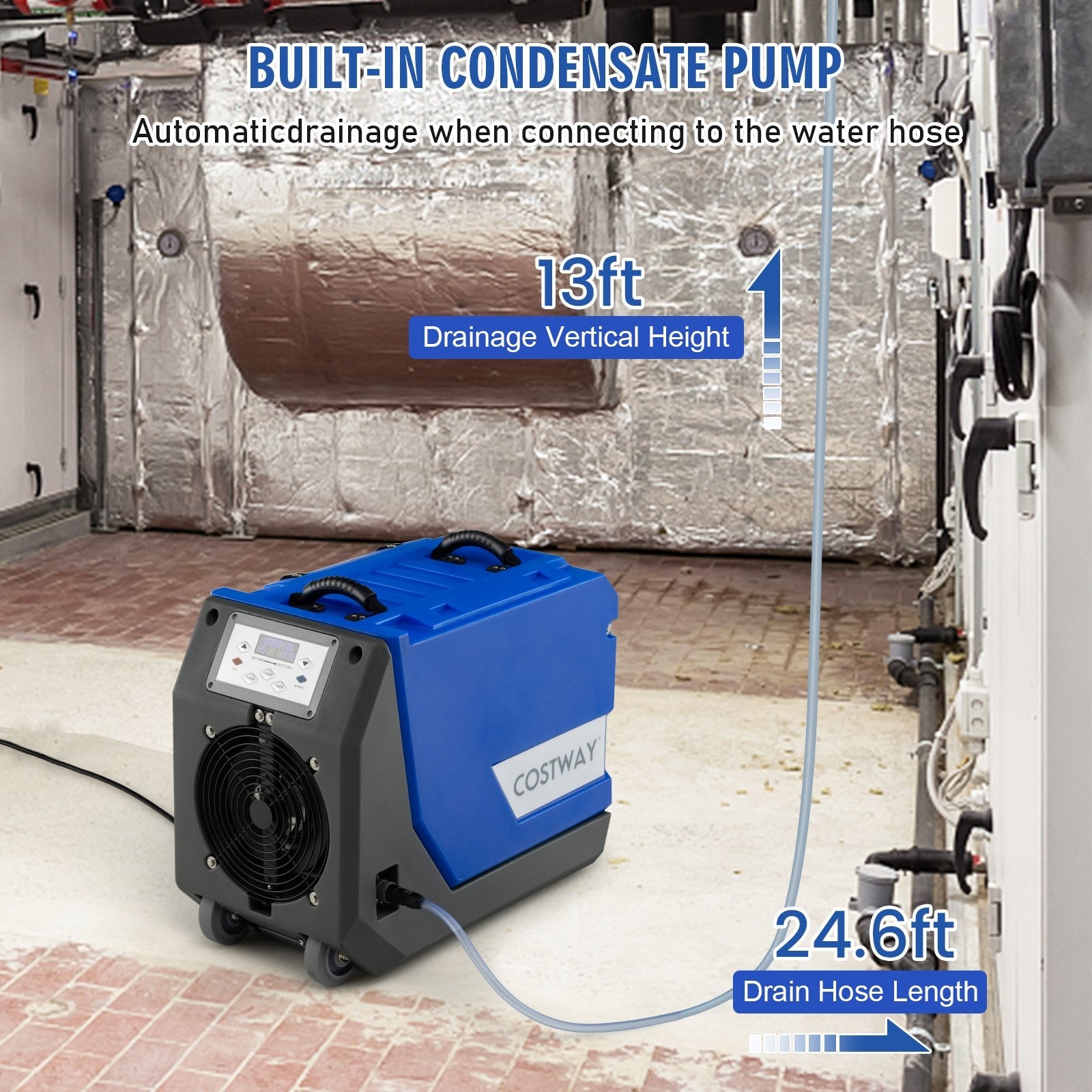 180 PPD Commercial Dehumidifier with Pump Drain Hose and Wheels, Blue Dehumidifiers   at Gallery Canada