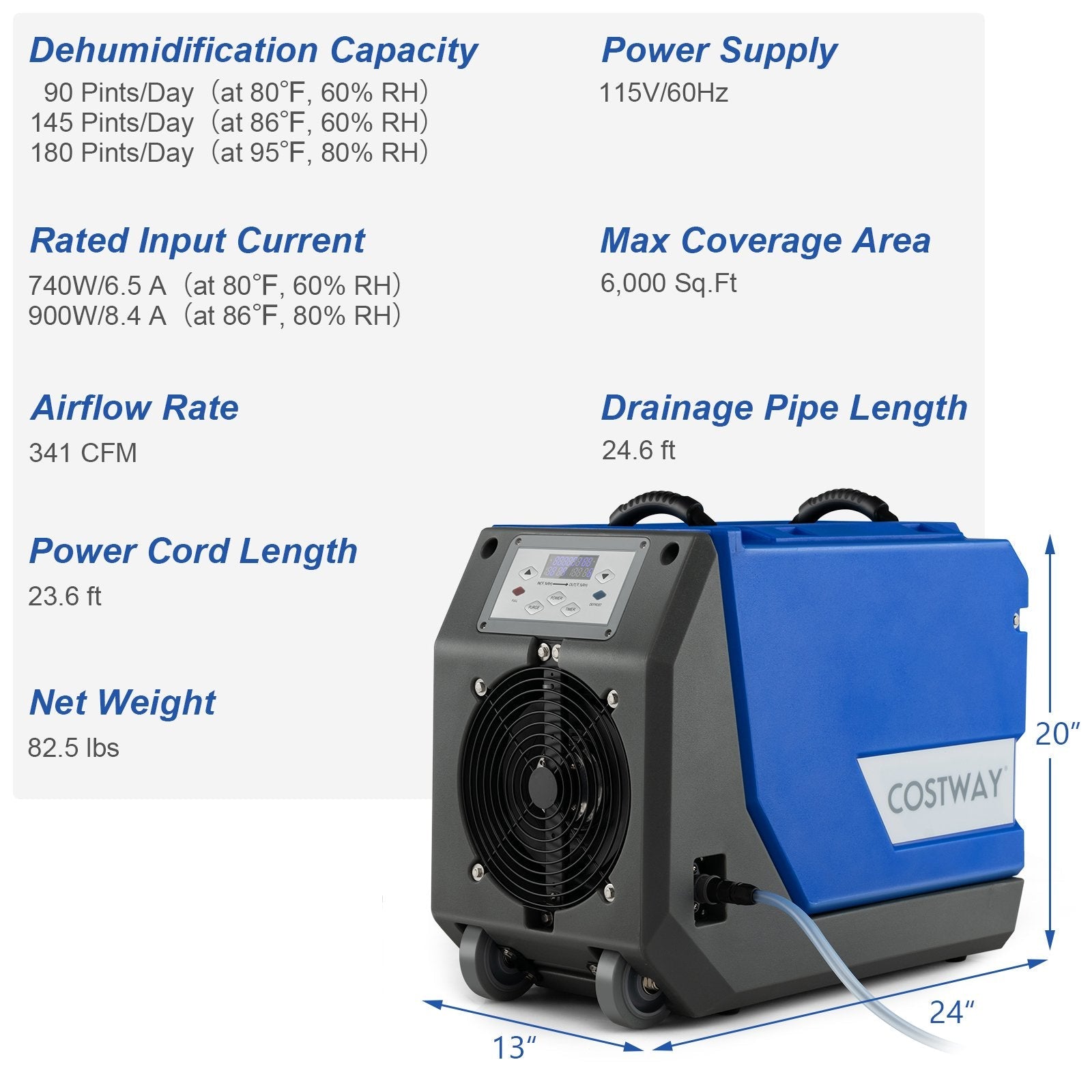 180 PPD Commercial Dehumidifier with Pump Drain Hose and Wheels, Blue Dehumidifiers   at Gallery Canada