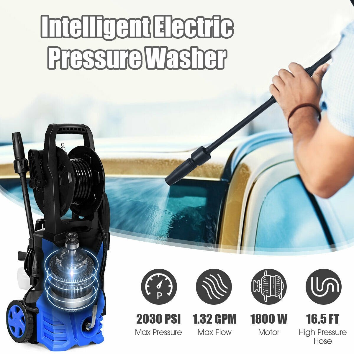 1800W 2030PSI Electric Pressure Washer Cleaner with Hose Reel, Blue Pressure Washers   at Gallery Canada