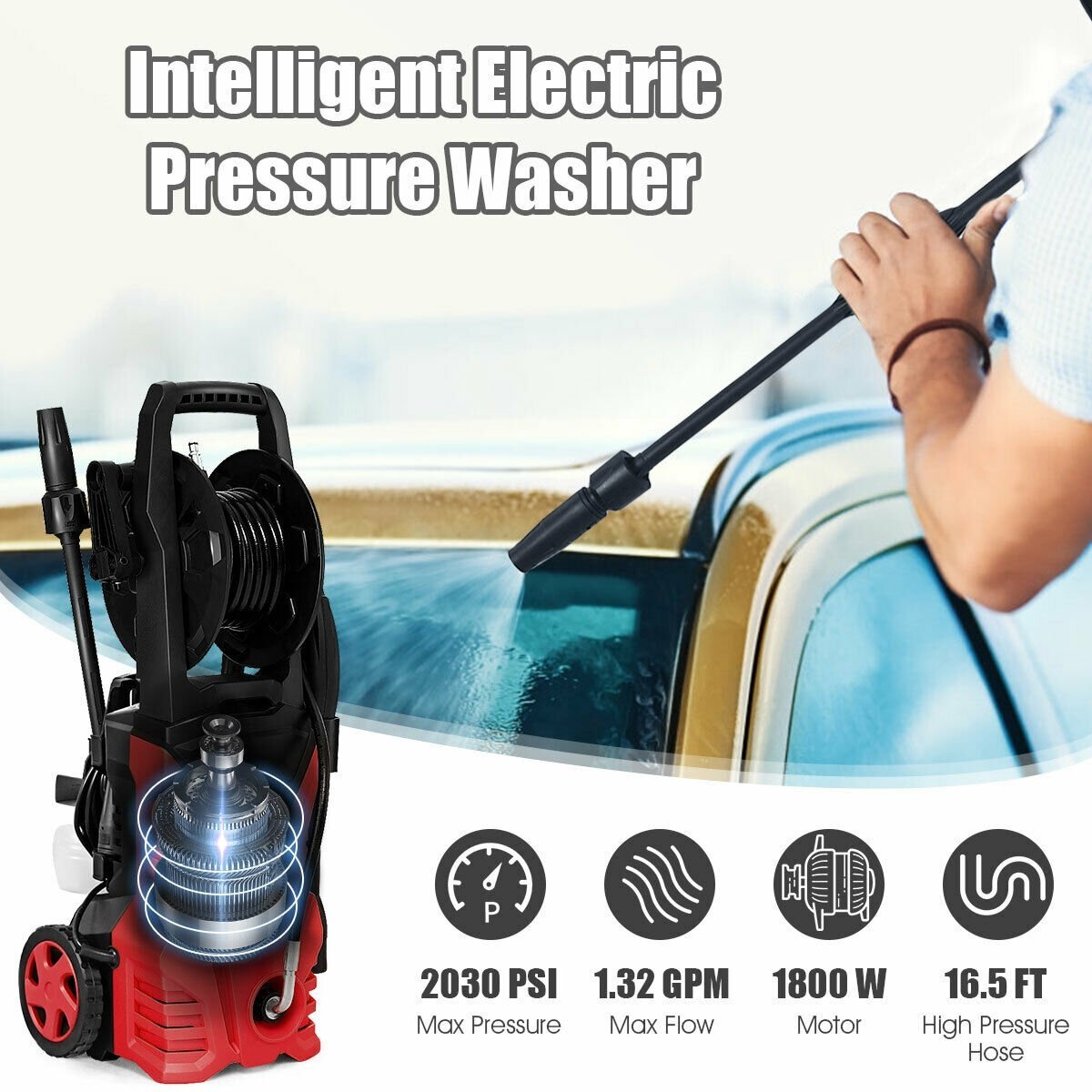 1800W 2030PSI Electric Pressure Washer Cleaner with Hose Reel, Red Pressure Washers   at Gallery Canada