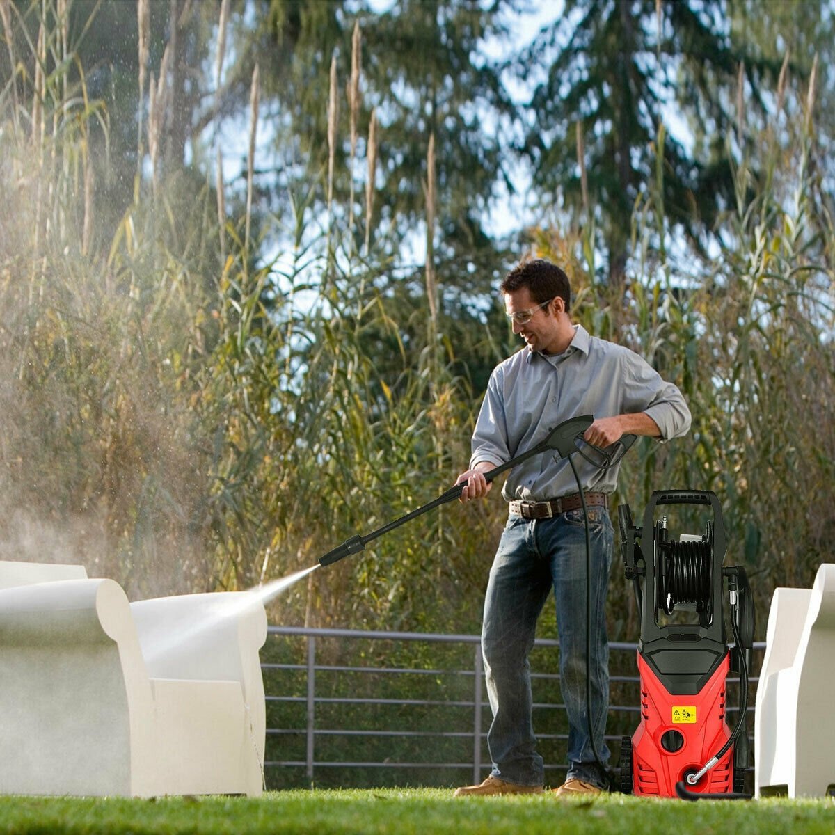 1800W 2030PSI Electric Pressure Washer Cleaner with Hose Reel, Red Pressure Washers   at Gallery Canada