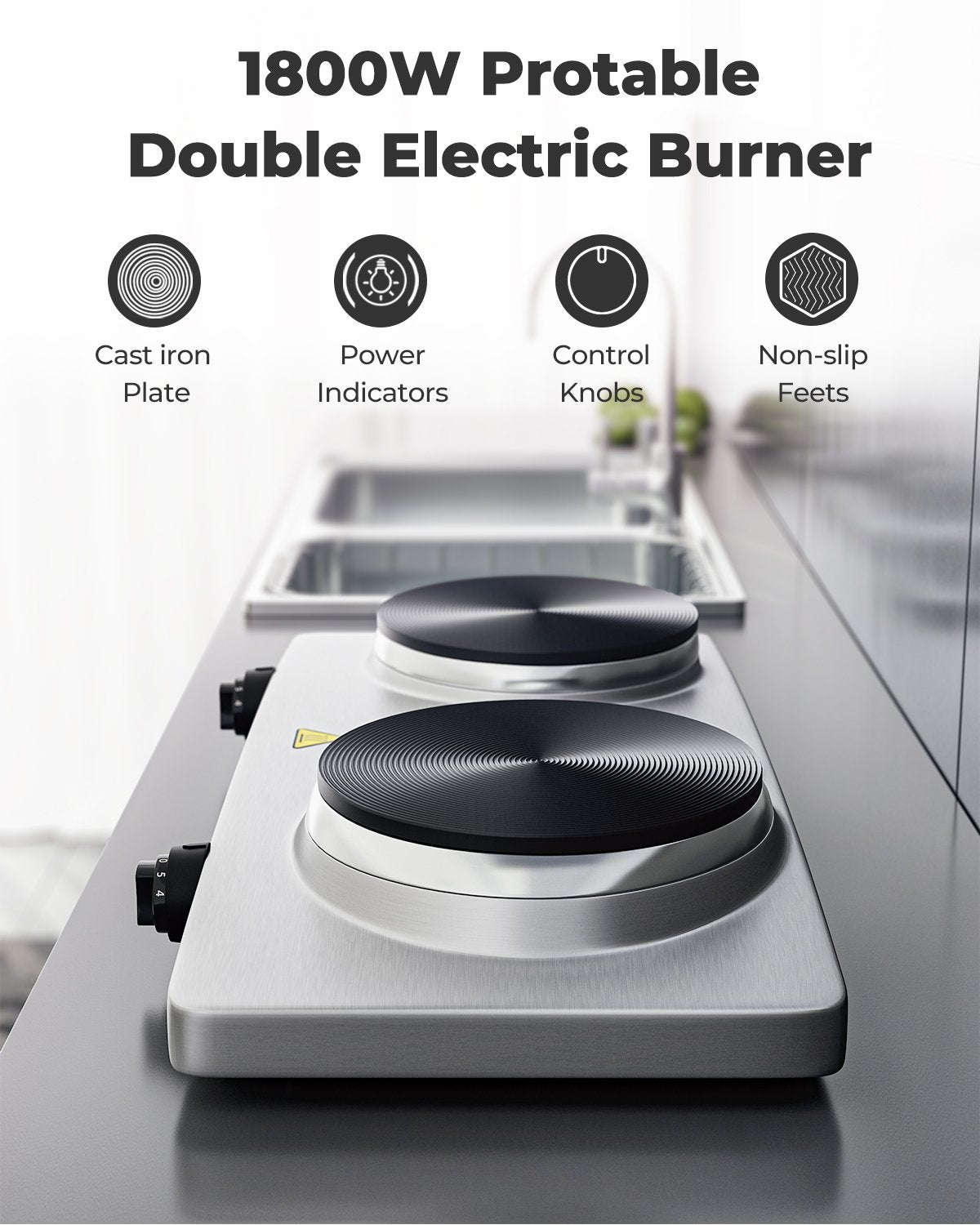 1800W Double Hot Plate Electric Countertop Burner, Silver Food Warmers & Burners   at Gallery Canada