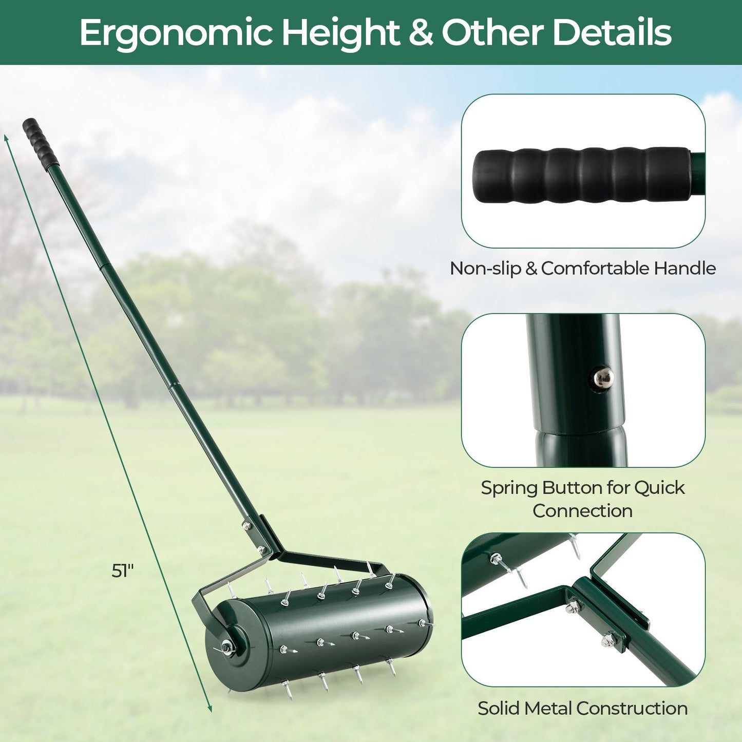 18/21 Inch Manual Lawn Aerator with Detachable Handle Filled with Sand or Stone-18 inches, Green Lawn Care Tools   at Gallery Canada