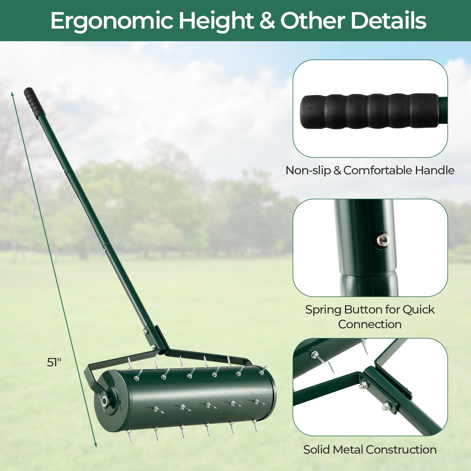 18/21 Inch Manual Lawn Aerator with Detachable Handle Filled with Sand or Stone-21 inches, Green Lawn Care Tools   at Gallery Canada