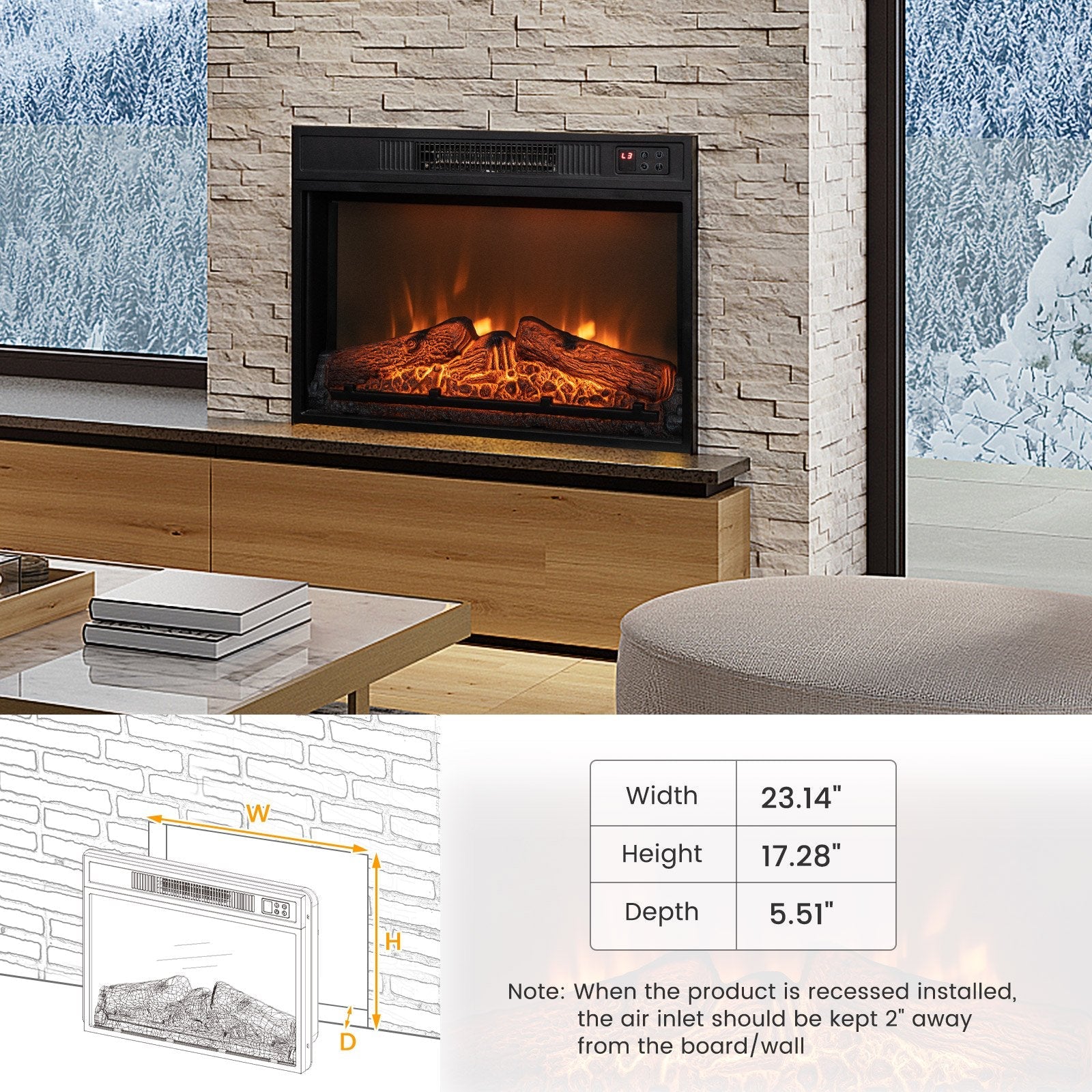 18/23 Inch Electric Fireplace Inserted with Adjustable LED Flame-23 inches, Black Fireplaces   at Gallery Canada