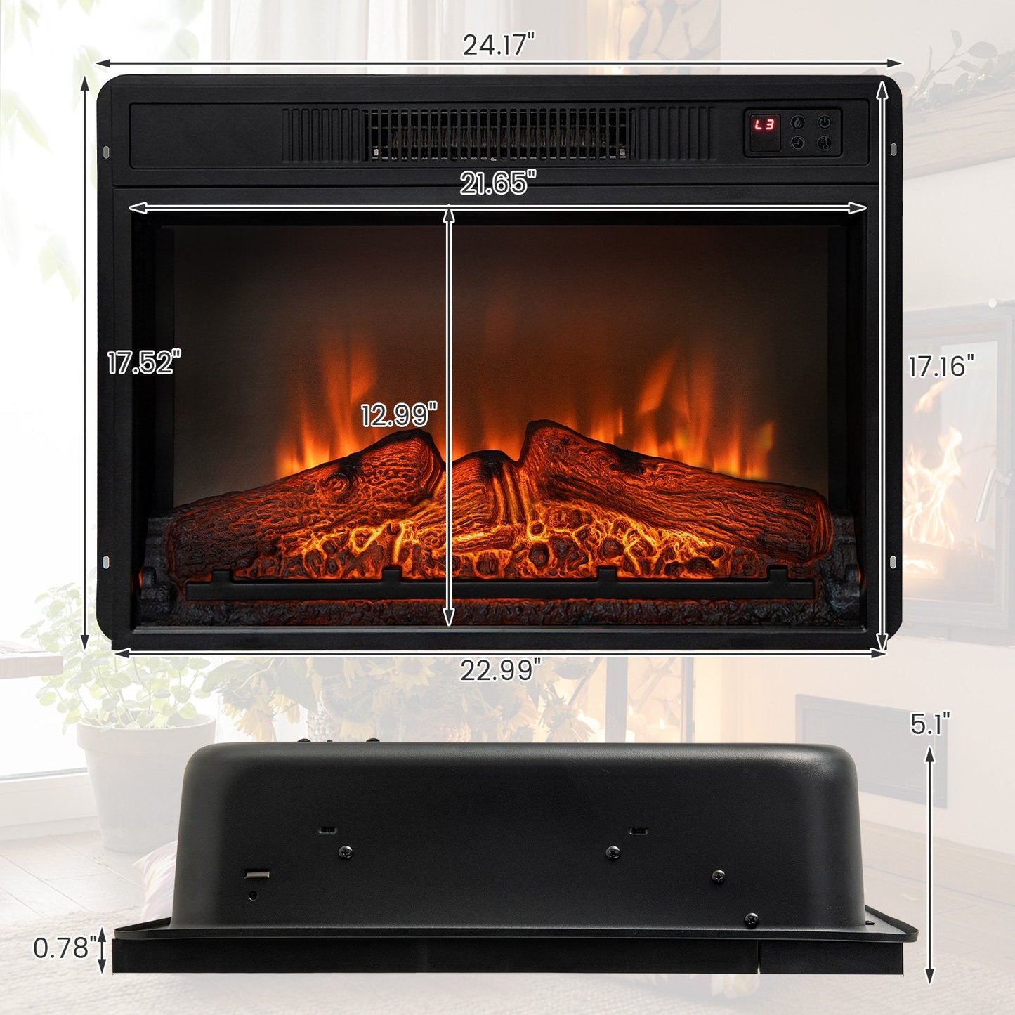 18/23 Inch Electric Fireplace Inserted with Adjustable LED Flame-23 inches, Black Fireplaces   at Gallery Canada