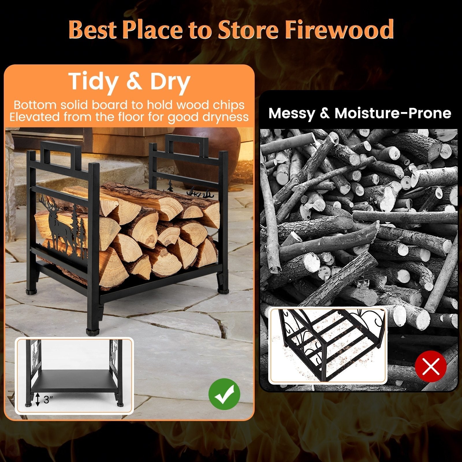 18.5 Inch Metal Firewood Rack with Dual Handles, Black Log Storage   at Gallery Canada