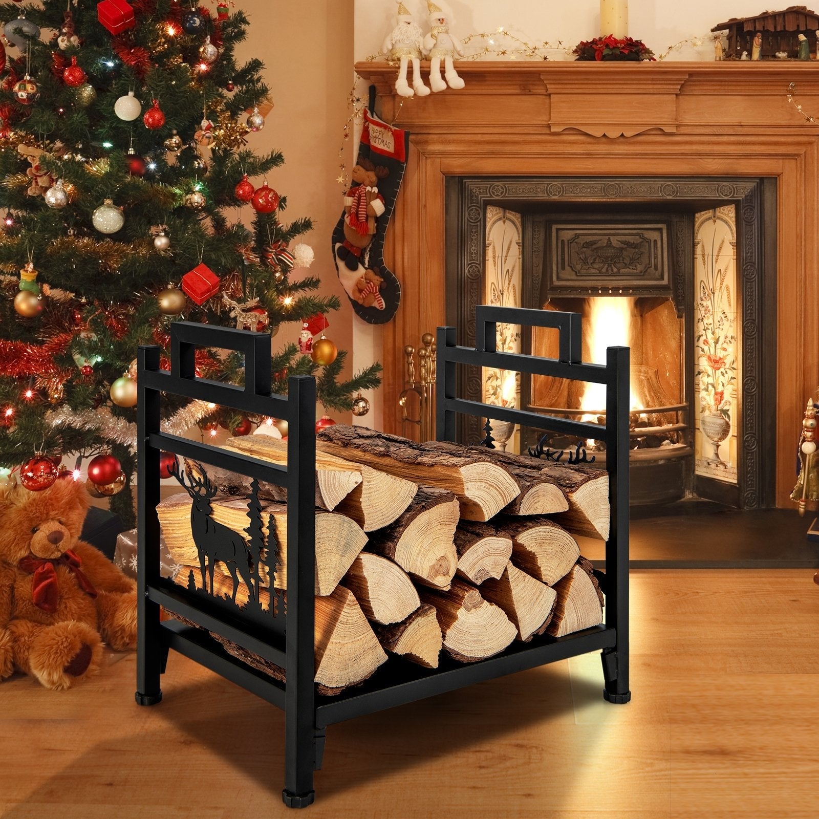 18.5 Inch Metal Firewood Rack with Dual Handles, Black Log Storage   at Gallery Canada