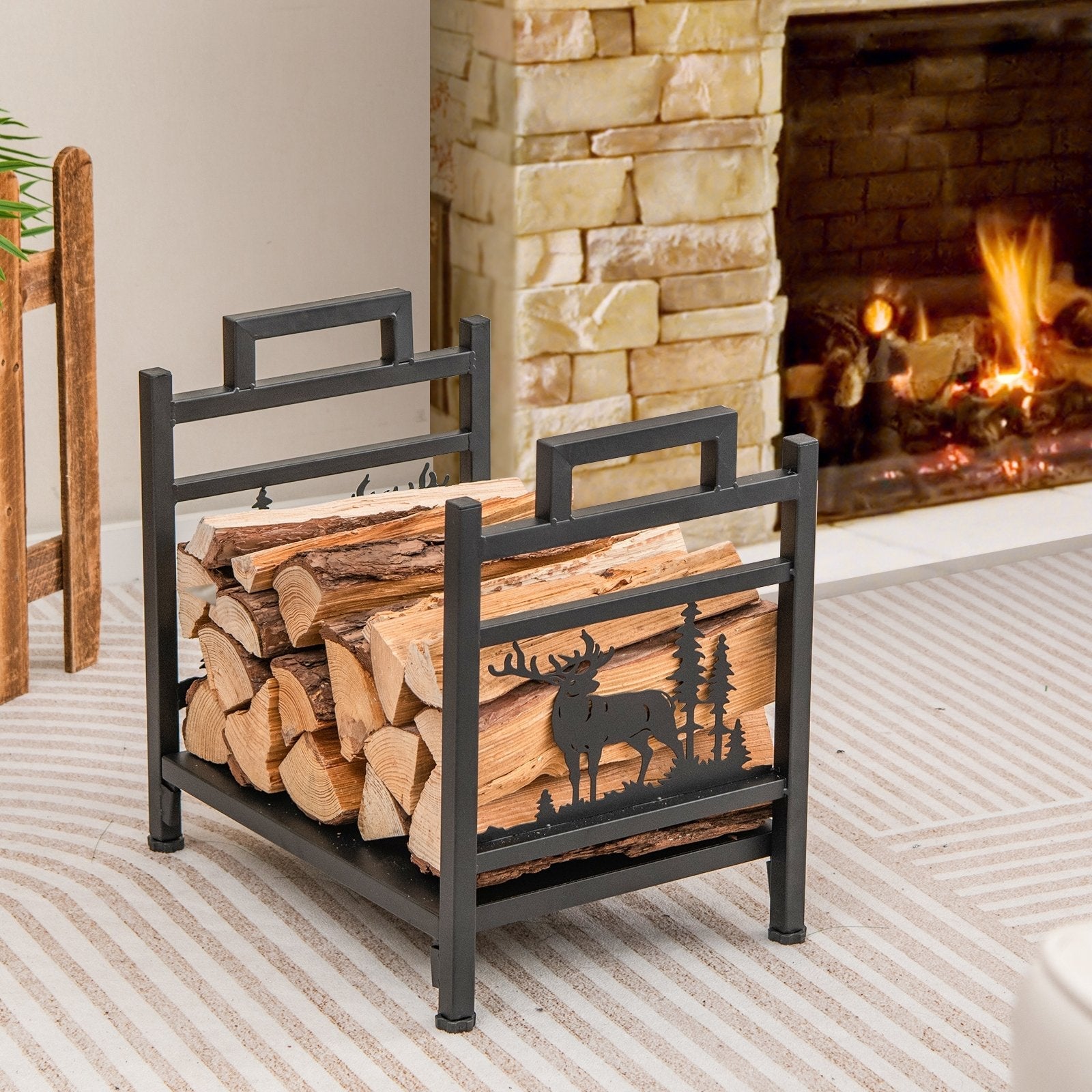 18.5 Inch Metal Firewood Rack with Dual Handles, Black Log Storage   at Gallery Canada