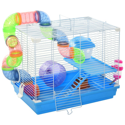 18"L Hamster Cage, Small Animal House, 2-Level Rat Gerbil Haven with Tunnel Tube System, Exercise Wheel, Water Bottle, Food Dish, Ramp, Blue Hamster Cages Multi Colour  at Gallery Canada