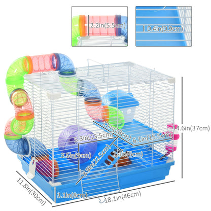 18"L Hamster Cage, Small Animal House, 2-Level Rat Gerbil Haven with Tunnel Tube System, Exercise Wheel, Water Bottle, Food Dish, Ramp, Blue Hamster Cages   at Gallery Canada