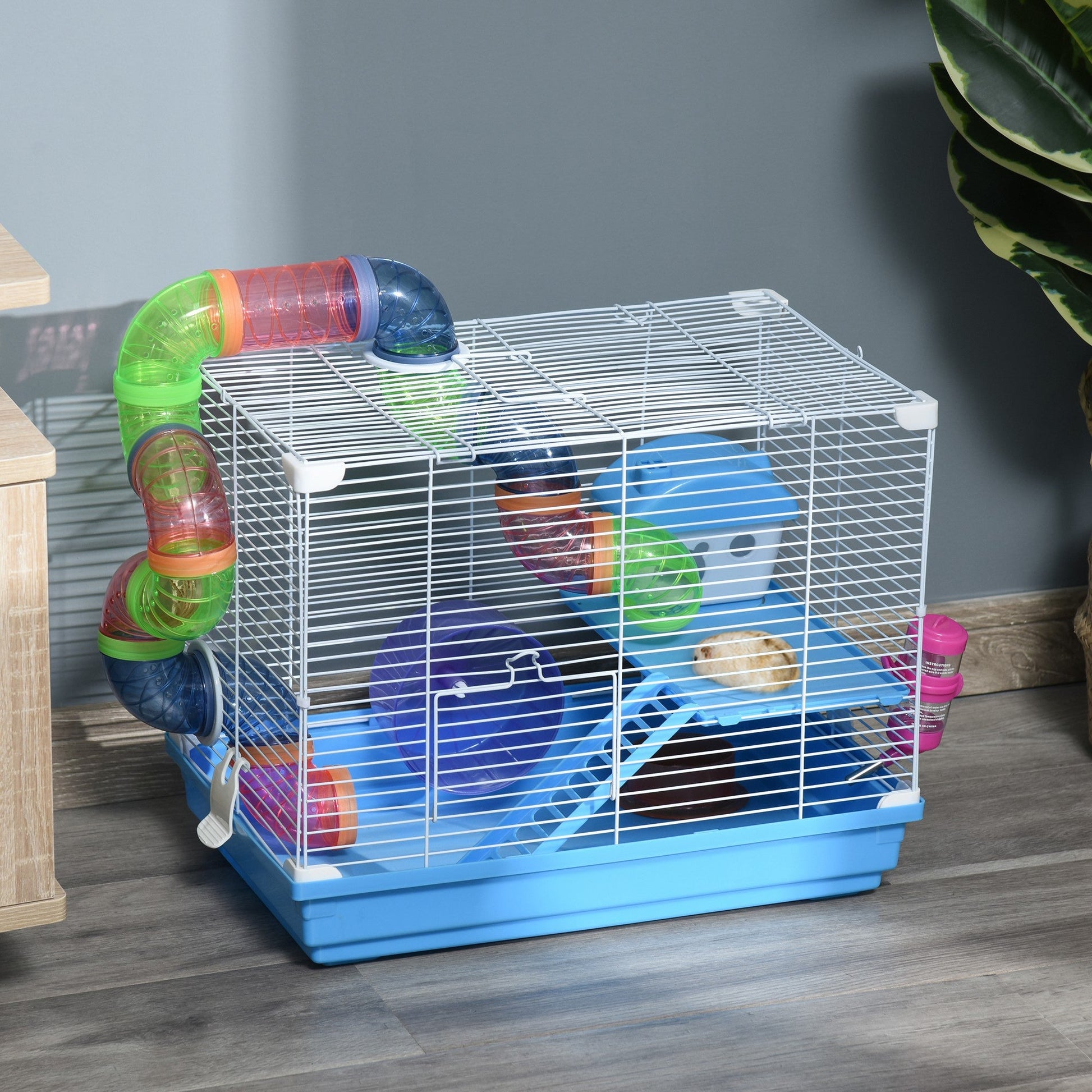 18"L Hamster Cage, Small Animal House, 2-Level Rat Gerbil Haven with Tunnel Tube System, Exercise Wheel, Water Bottle, Food Dish, Ramp, Blue Hamster Cages   at Gallery Canada