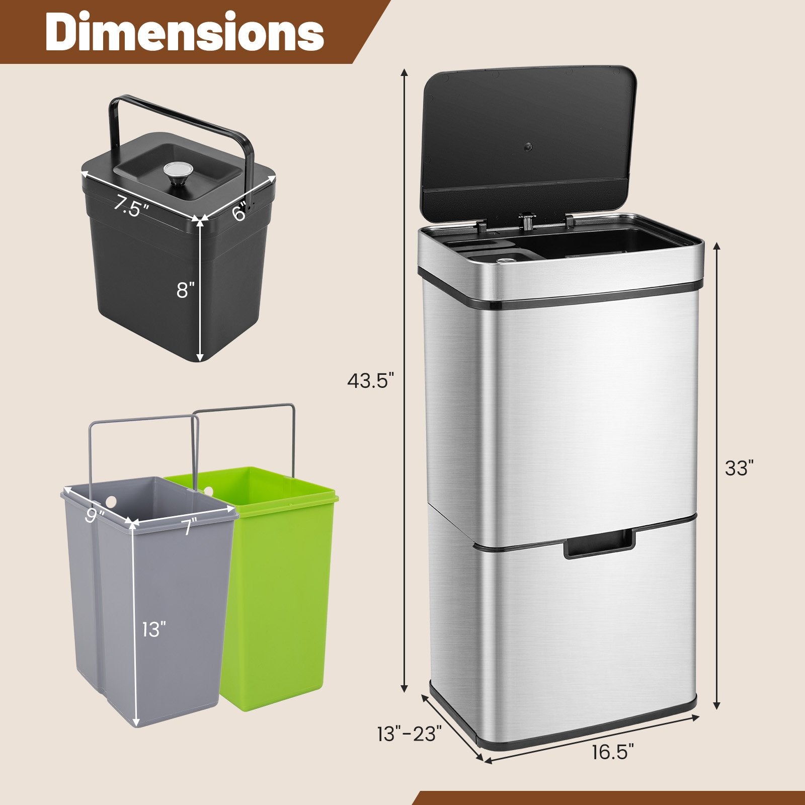 19 Gal Stainless Steel Trash Can with Kitchen Waste Bin and 2 Bottom Recycling Bins, Silver Kitchen Organization   at Gallery Canada