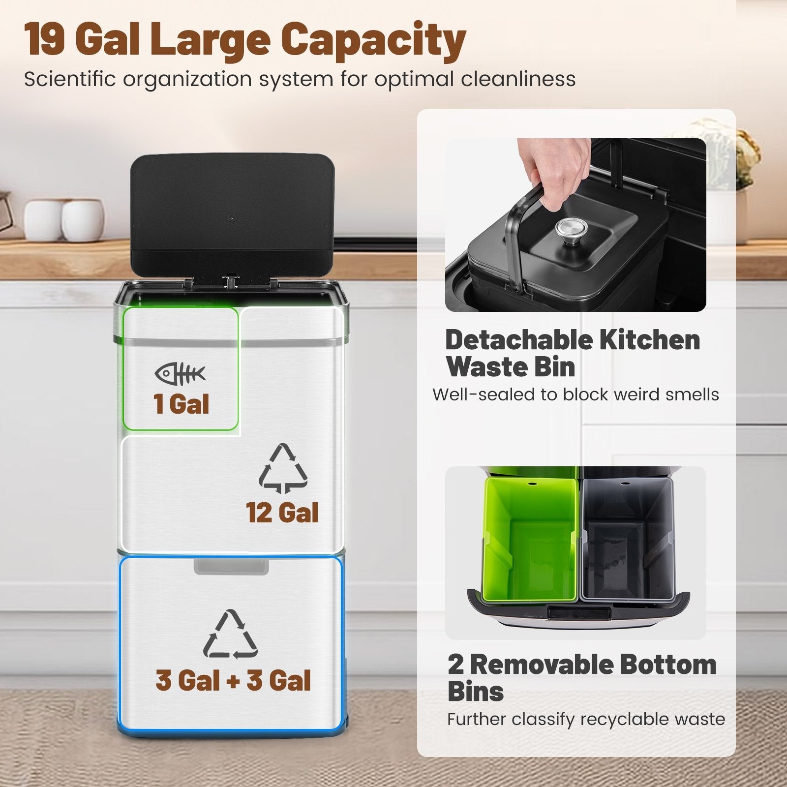 19 Gal Stainless Steel Trash Can with Kitchen Waste Bin and 2 Bottom Recycling Bins, Silver Kitchen Organization   at Gallery Canada