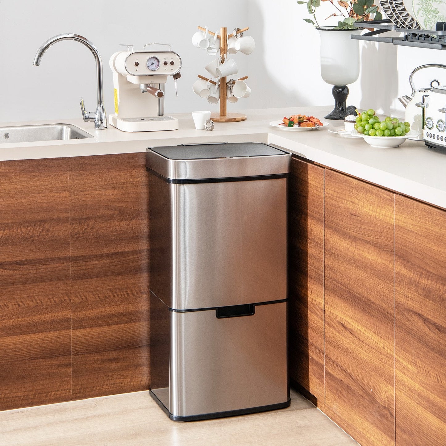 19 Gal Stainless Steel Trash Can with Kitchen Waste Bin and 2 Bottom Recycling Bins, Silver Kitchen Organization   at Gallery Canada