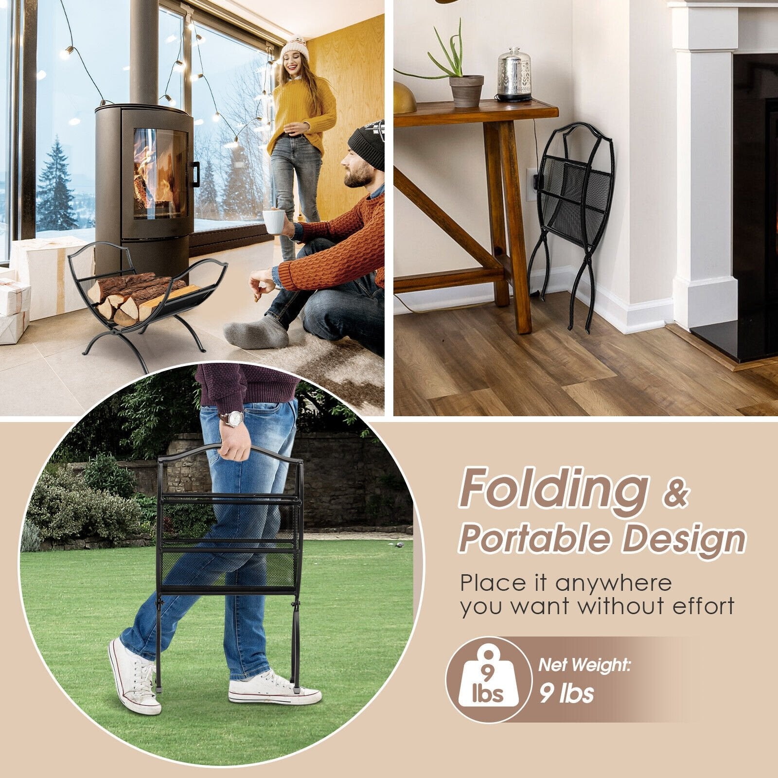 19 Inch Folding Fireplace Log Rack with Convenient Handle, Black Log Storage   at Gallery Canada