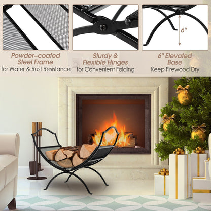 19 Inch Folding Fireplace Log Rack with Convenient Handle, Black Log Storage   at Gallery Canada