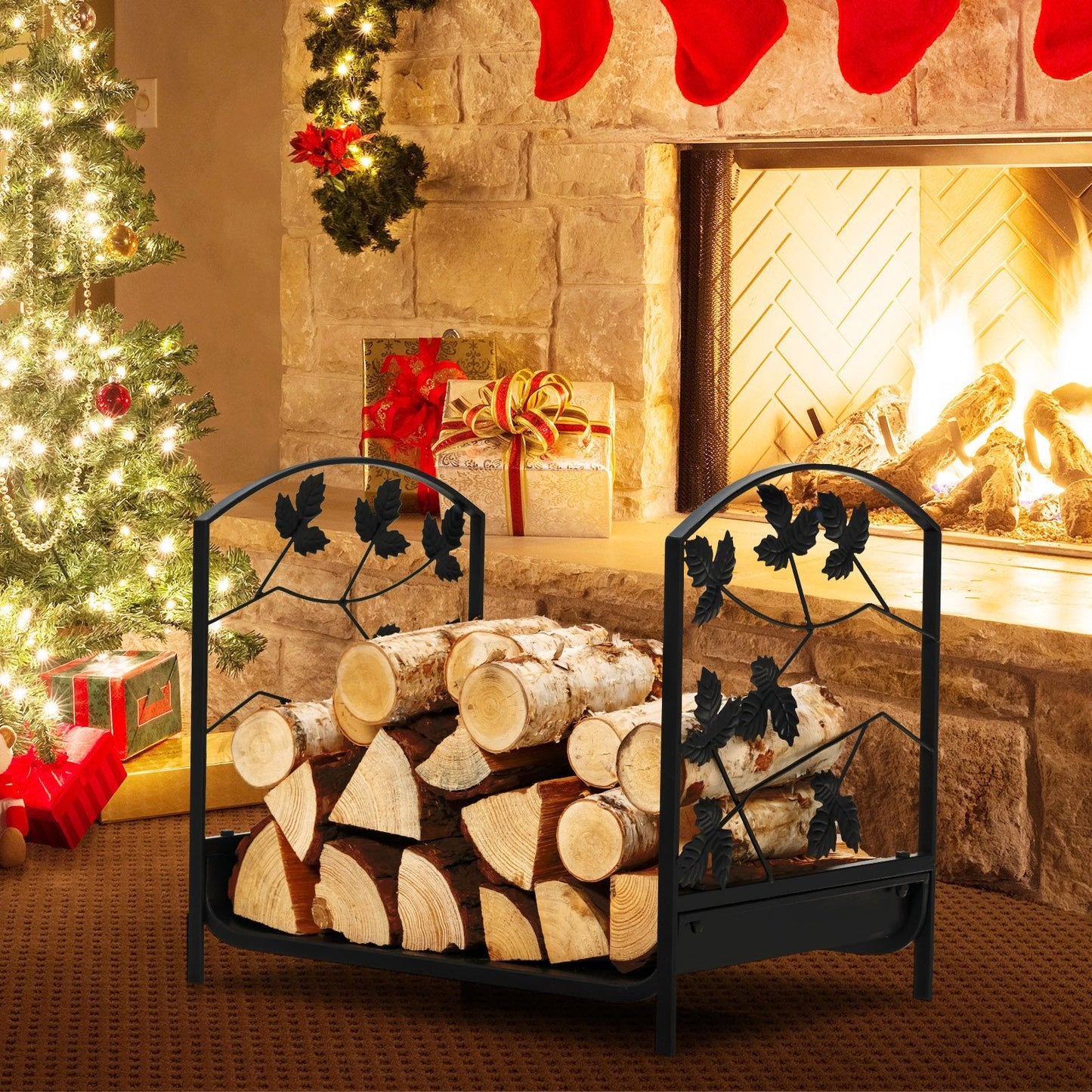 19 Inch Heavy-Duty Firewood Rack with 110 lbs Load Capacity, Black Log Storage   at Gallery Canada