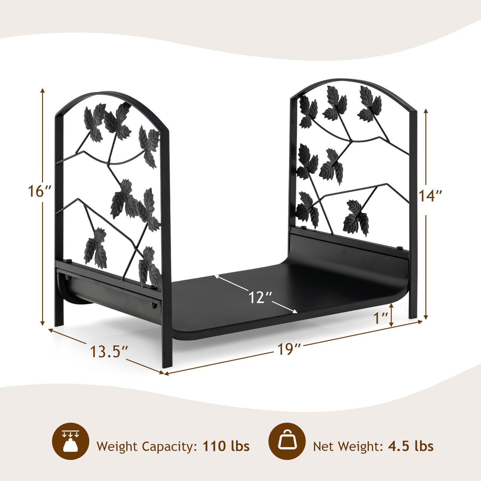 19 Inch Heavy-Duty Firewood Rack with 110 lbs Load Capacity, Black Log Storage   at Gallery Canada