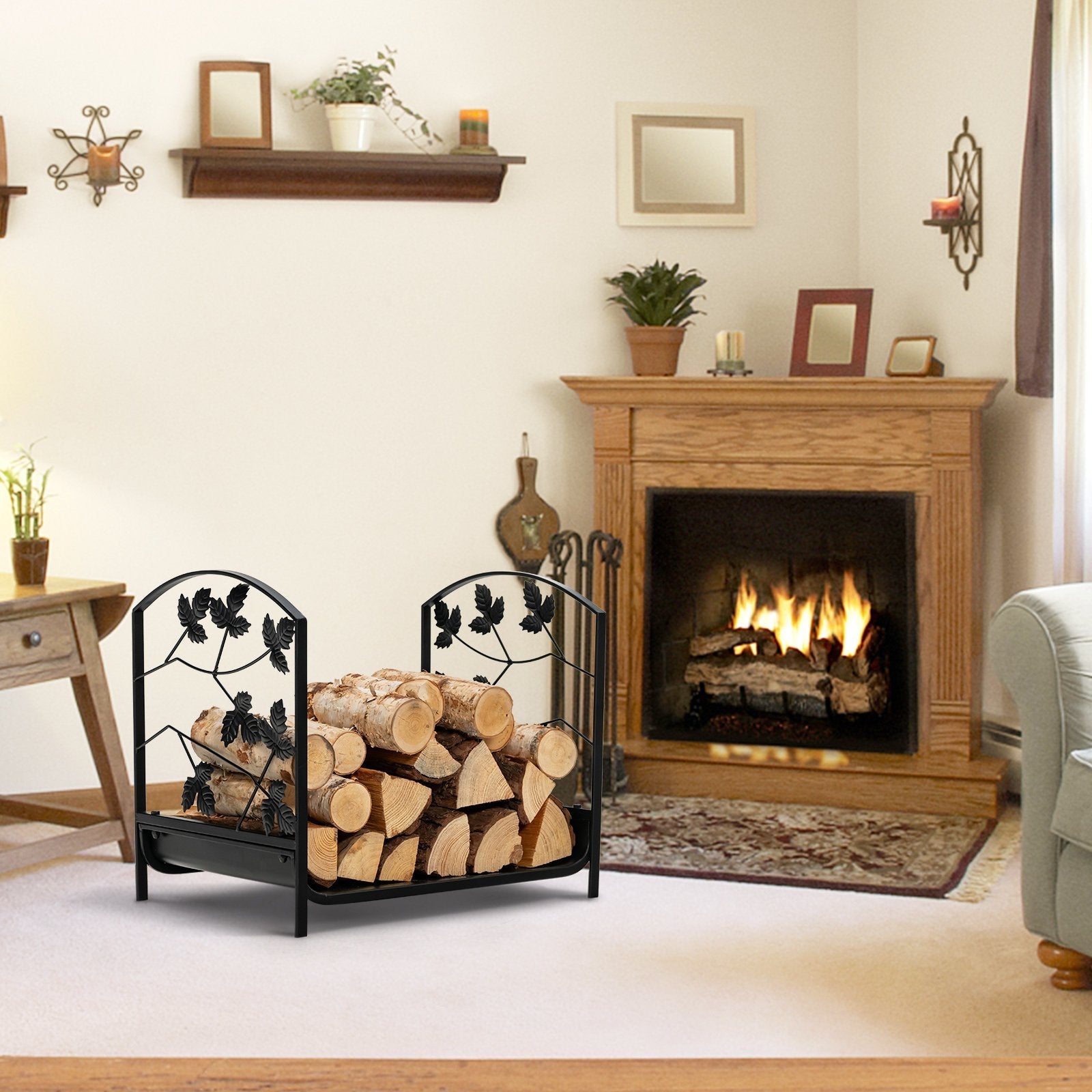 19 Inch Heavy-Duty Firewood Rack with 110 lbs Load Capacity, Black Log Storage   at Gallery Canada