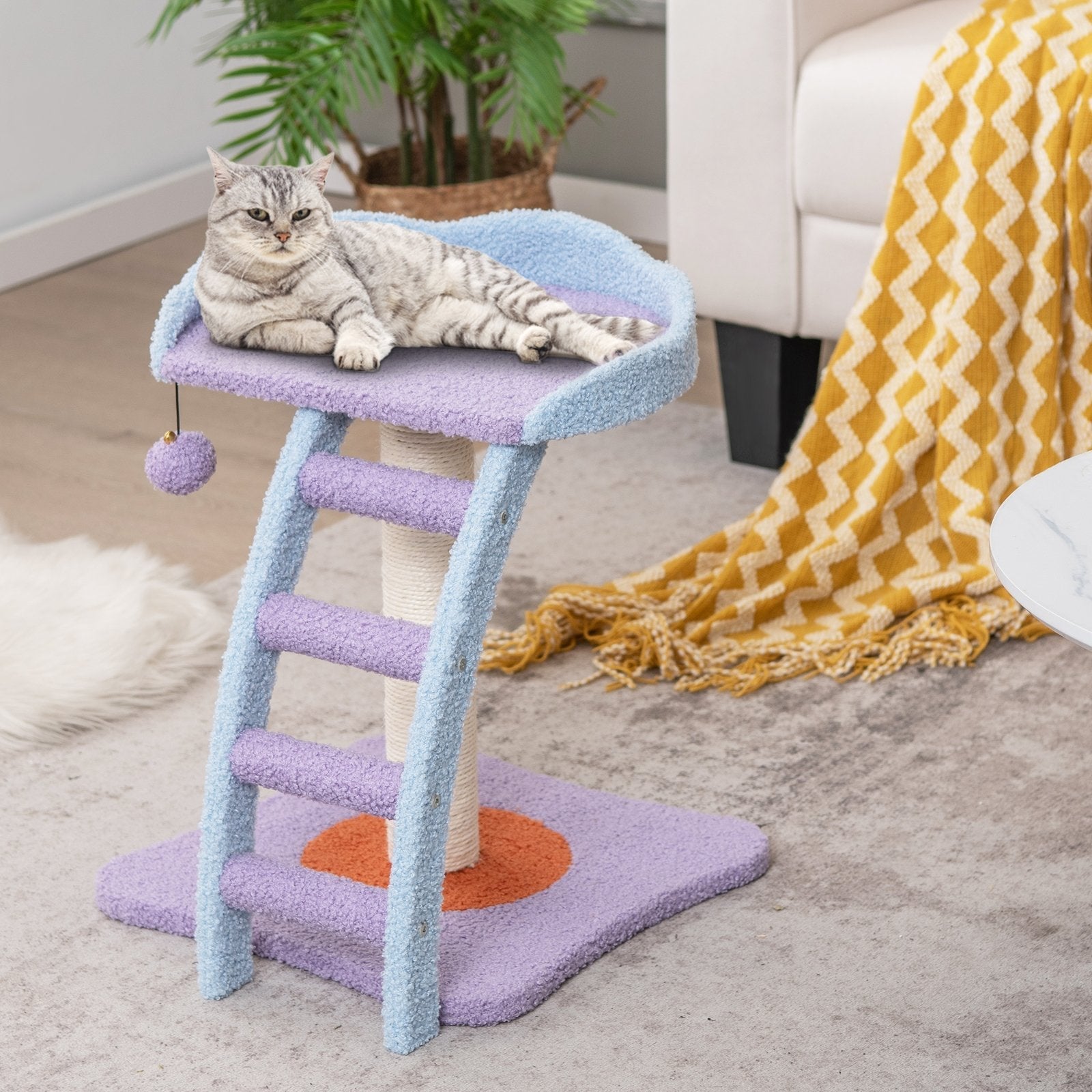 19 Inch Mohair Plush Cat Tree with Ladder and Jingling Ball, Purple Cat Trees Condos & Scratchers   at Gallery Canada