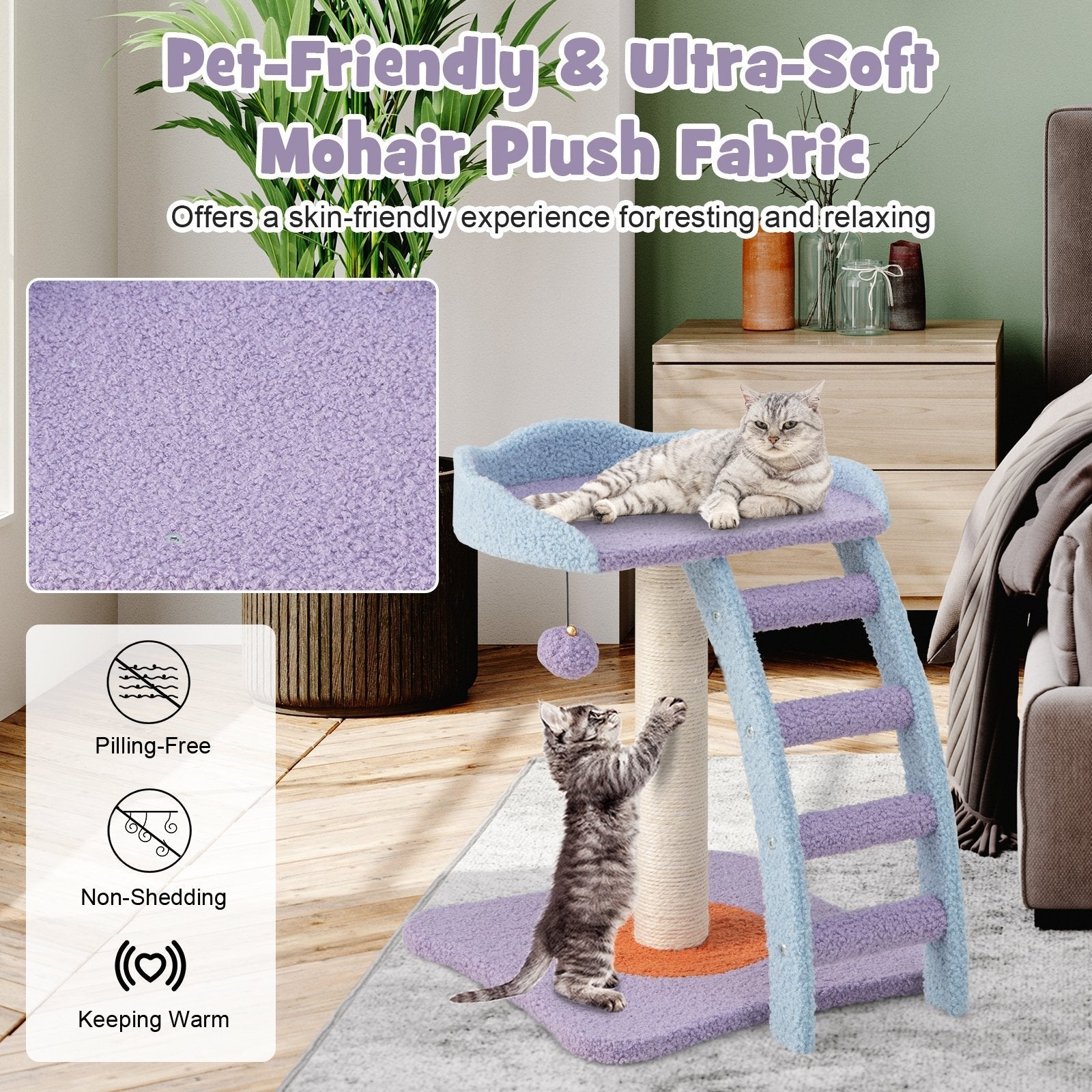 19 Inch Mohair Plush Cat Tree with Ladder and Jingling Ball, Purple Cat Trees Condos & Scratchers   at Gallery Canada