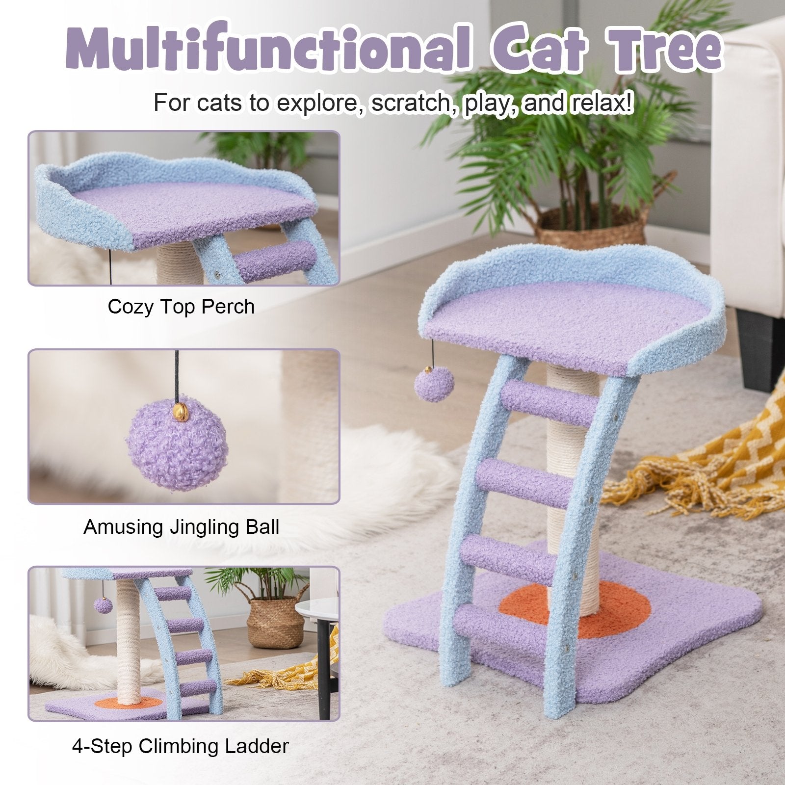 19 Inch Mohair Plush Cat Tree with Ladder and Jingling Ball, Purple Cat Trees Condos & Scratchers   at Gallery Canada