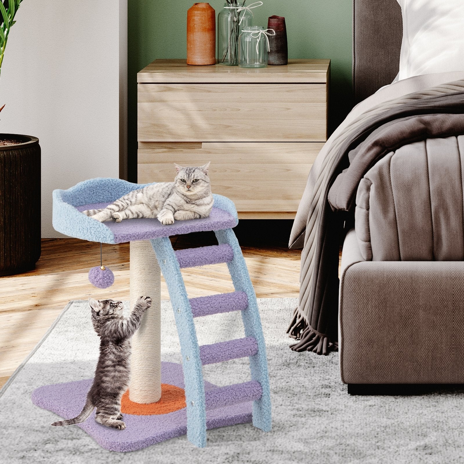 19 Inch Mohair Plush Cat Tree with Ladder and Jingling Ball, Purple Cat Trees Condos & Scratchers   at Gallery Canada