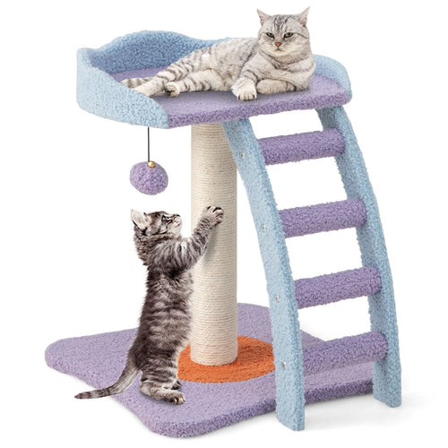 19 Inch Mohair Plush Cat Tree with Ladder and Jingling Ball, Purple