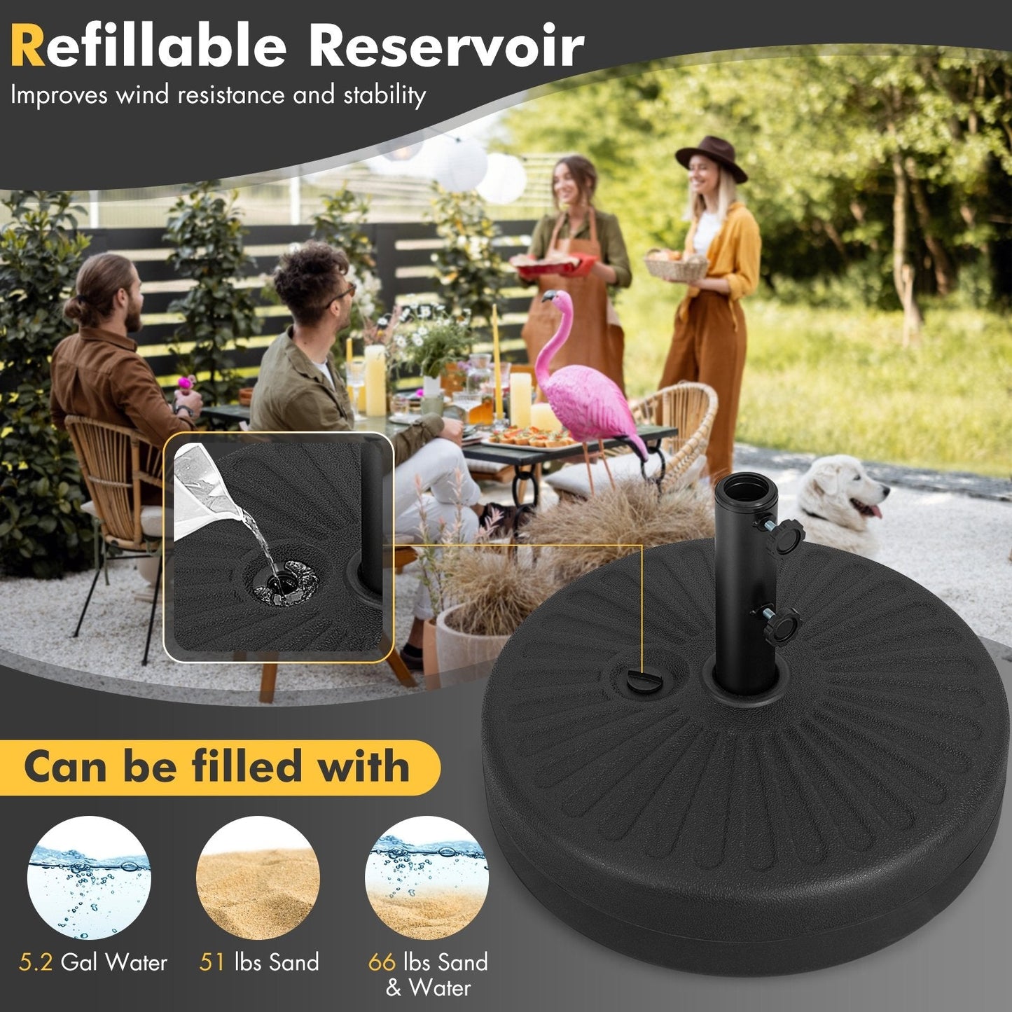 19.5 Inch Fillable Round Umbrella Base Stand for Yard Garden Poolside, Black Outdoor Umbrella Bases   at Gallery Canada