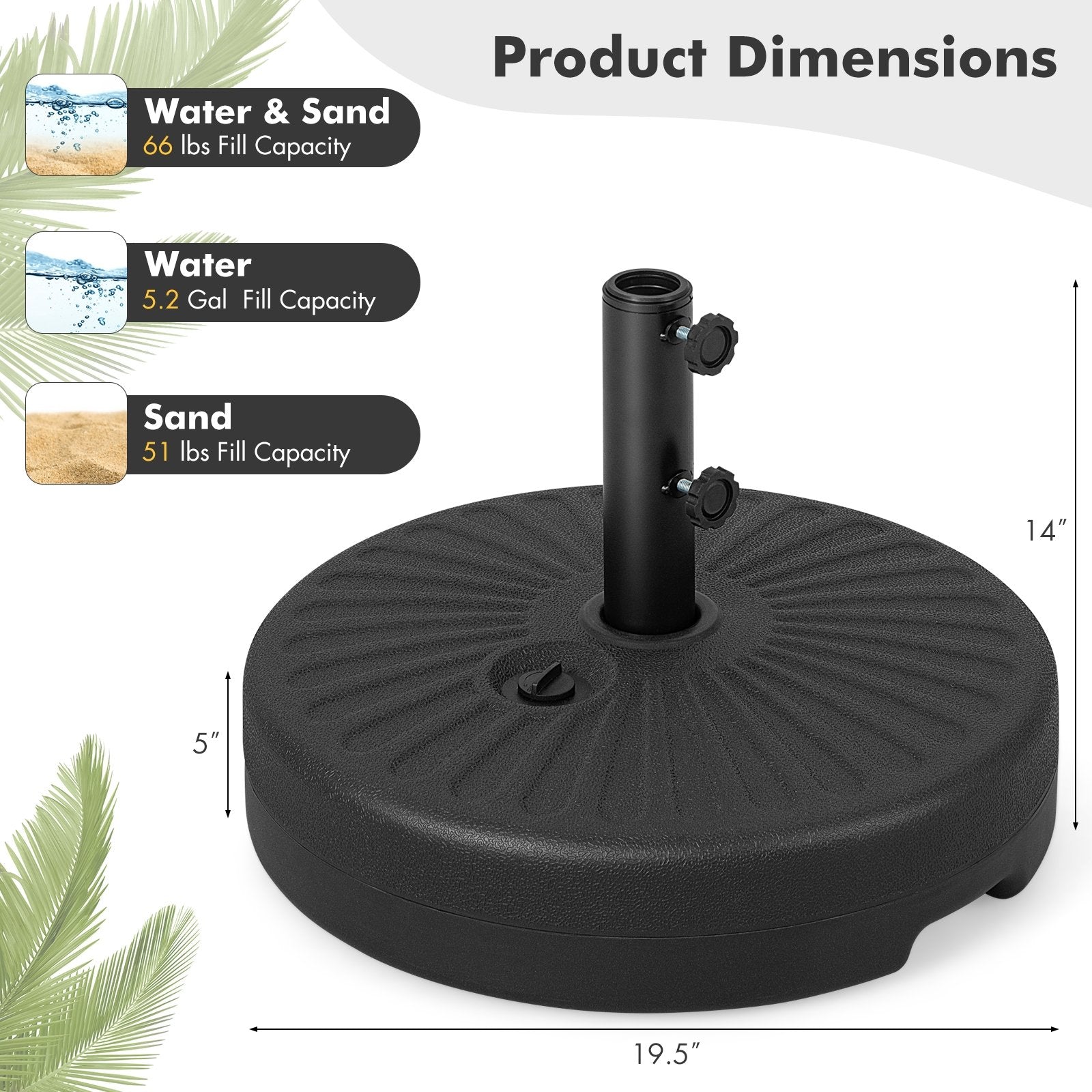 19.5 Inch Fillable Round Umbrella Base Stand for Yard Garden Poolside, Black Outdoor Umbrella Bases   at Gallery Canada