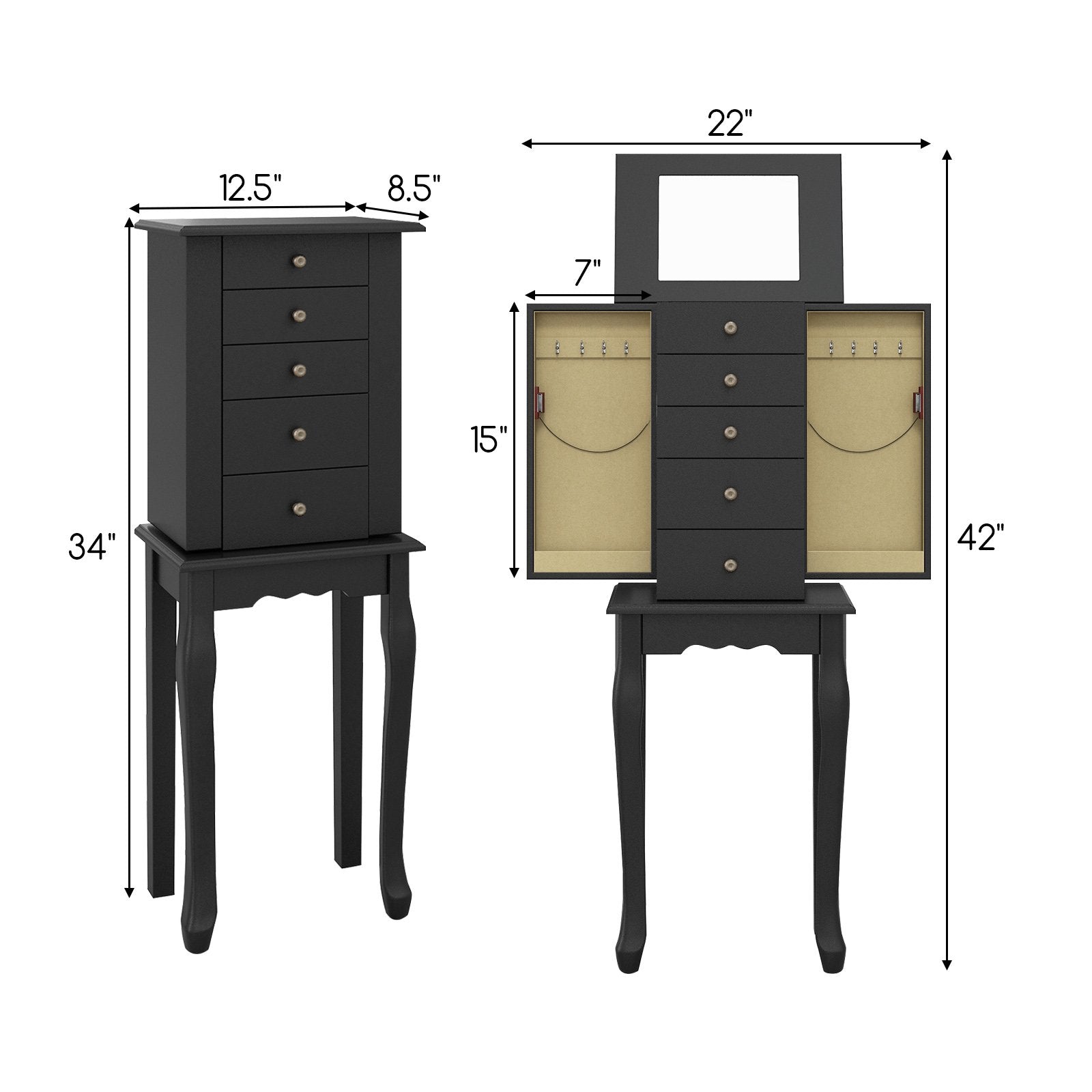 2 Colors Armoire Storage Standing Jewelry Cabinet with Mirror, Black Jewelry Armoires   at Gallery Canada