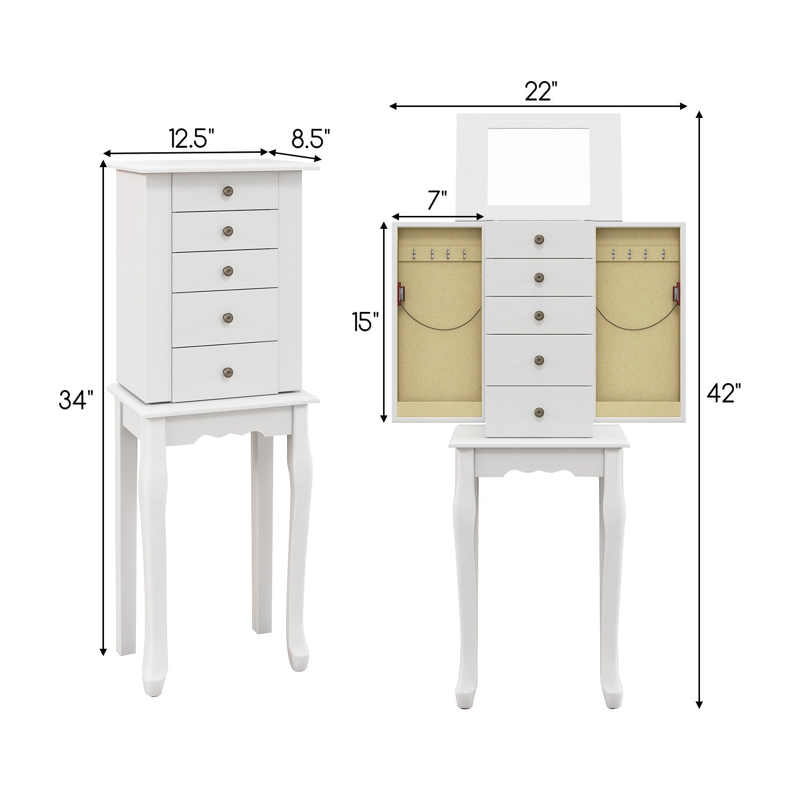 2 Colors Armoire Storage Standing Jewelry Cabinet with Mirror, White Jewelry Armoires   at Gallery Canada