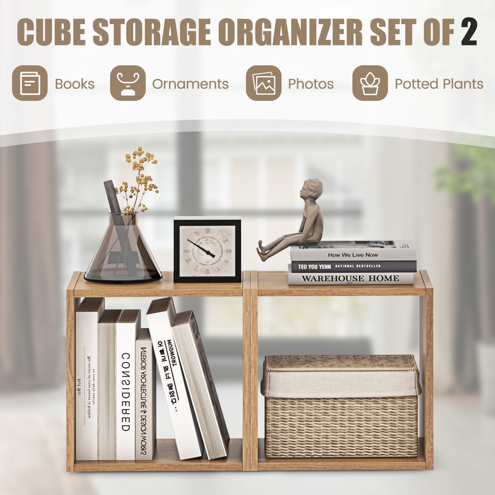 2 Cubes Stackable Bookcase for Living Room and Study, Natural Bookcases   at Gallery Canada