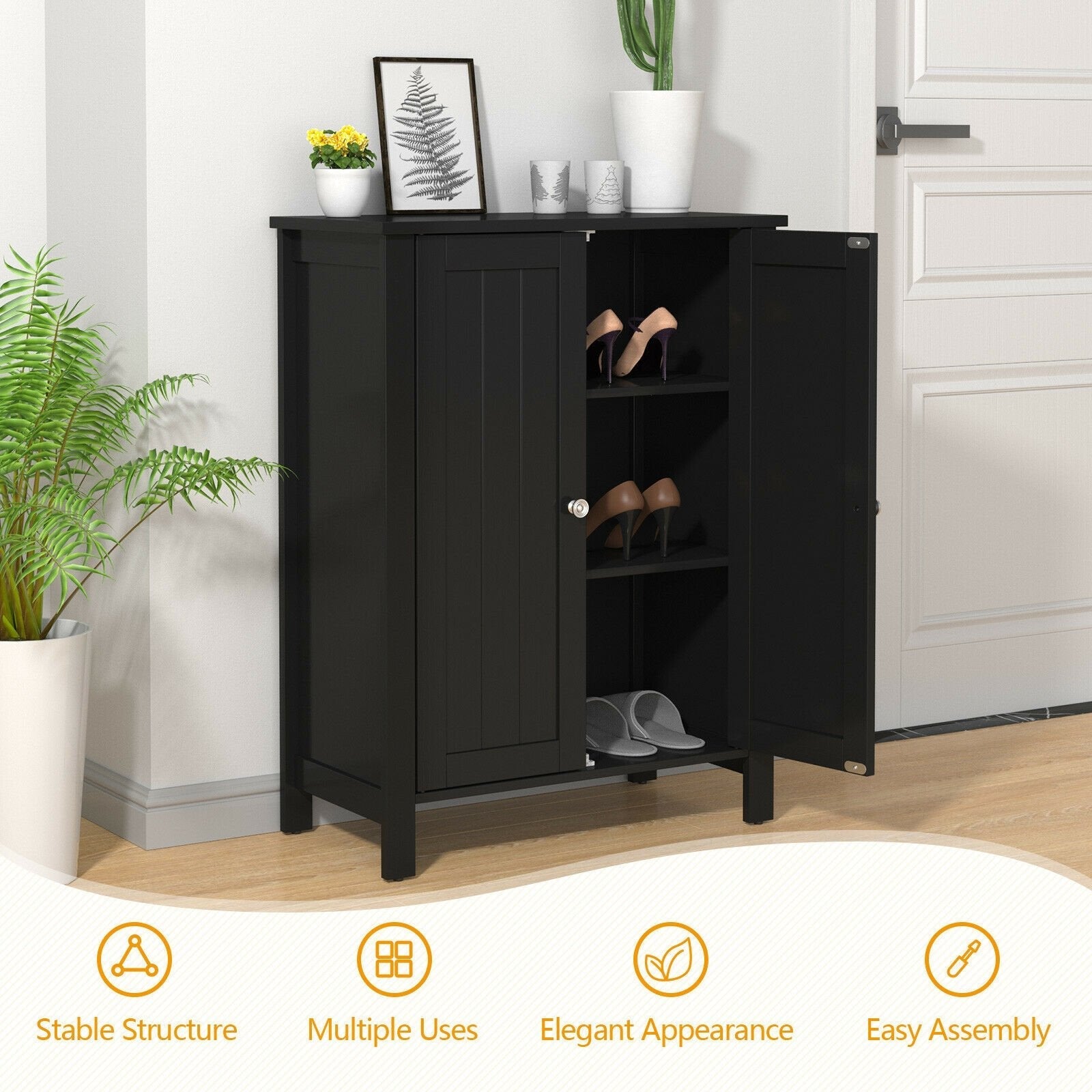 2-Door Bathroom Floor Storage Cabinet Space Saver Organizer, Black Floor Cabinets   at Gallery Canada