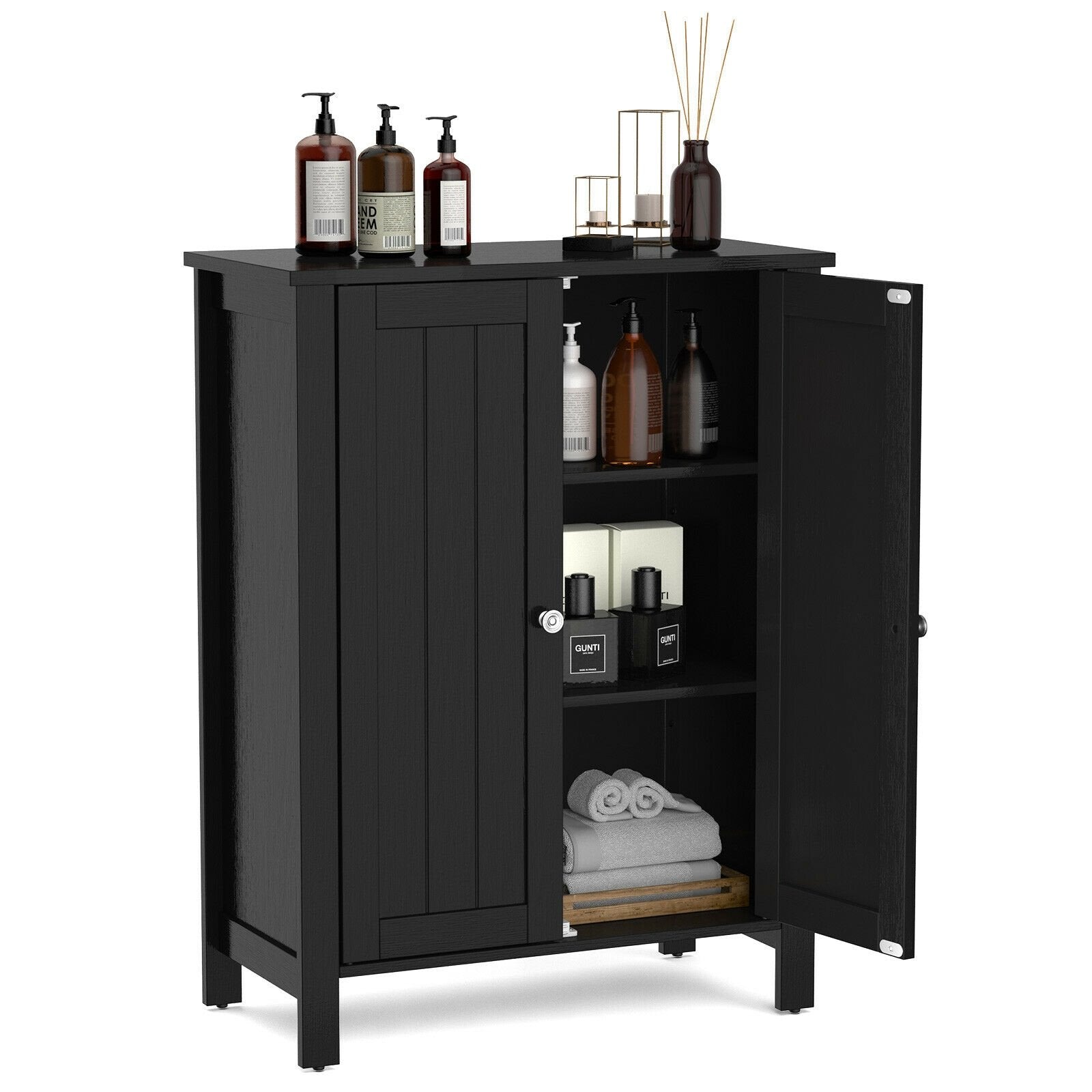 2-Door Bathroom Floor Storage Cabinet Space Saver Organizer, Black Floor Cabinets   at Gallery Canada