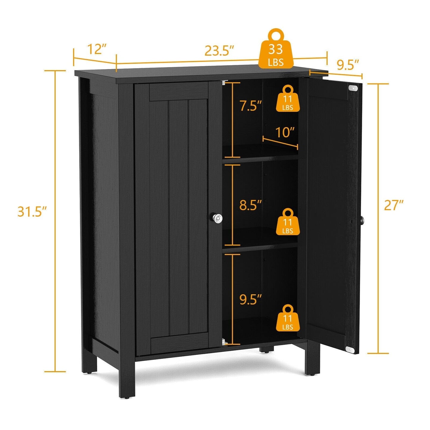 2-Door Bathroom Floor Storage Cabinet Space Saver Organizer, Black Floor Cabinets   at Gallery Canada