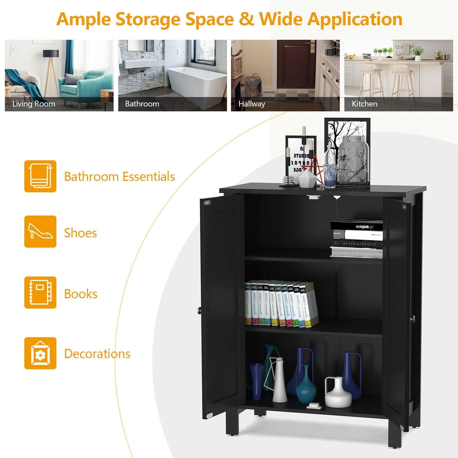 2-Door Bathroom Floor Storage Cabinet Space Saver Organizer, Black Floor Cabinets   at Gallery Canada