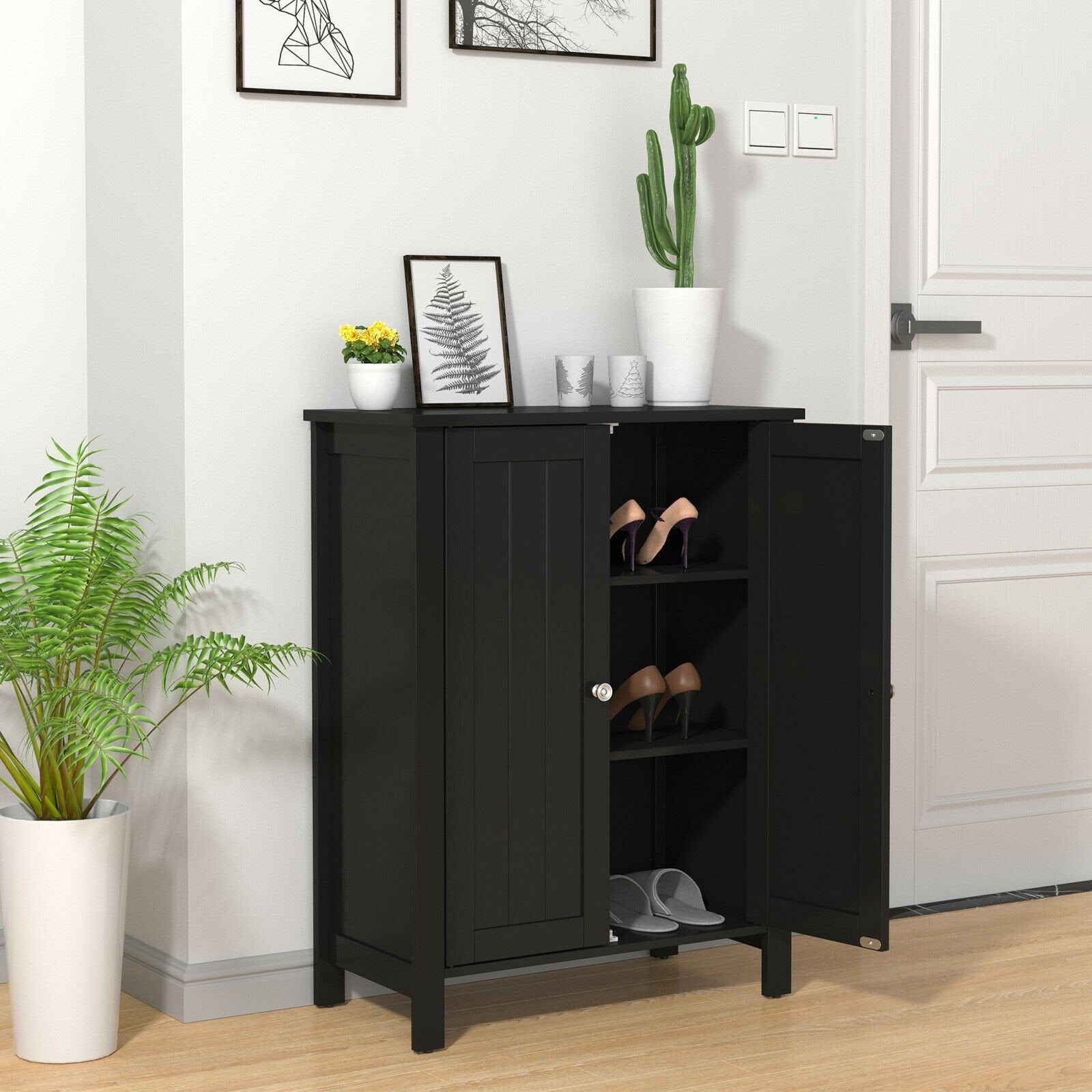 2-Door Bathroom Floor Storage Cabinet Space Saver Organizer, Black Floor Cabinets   at Gallery Canada