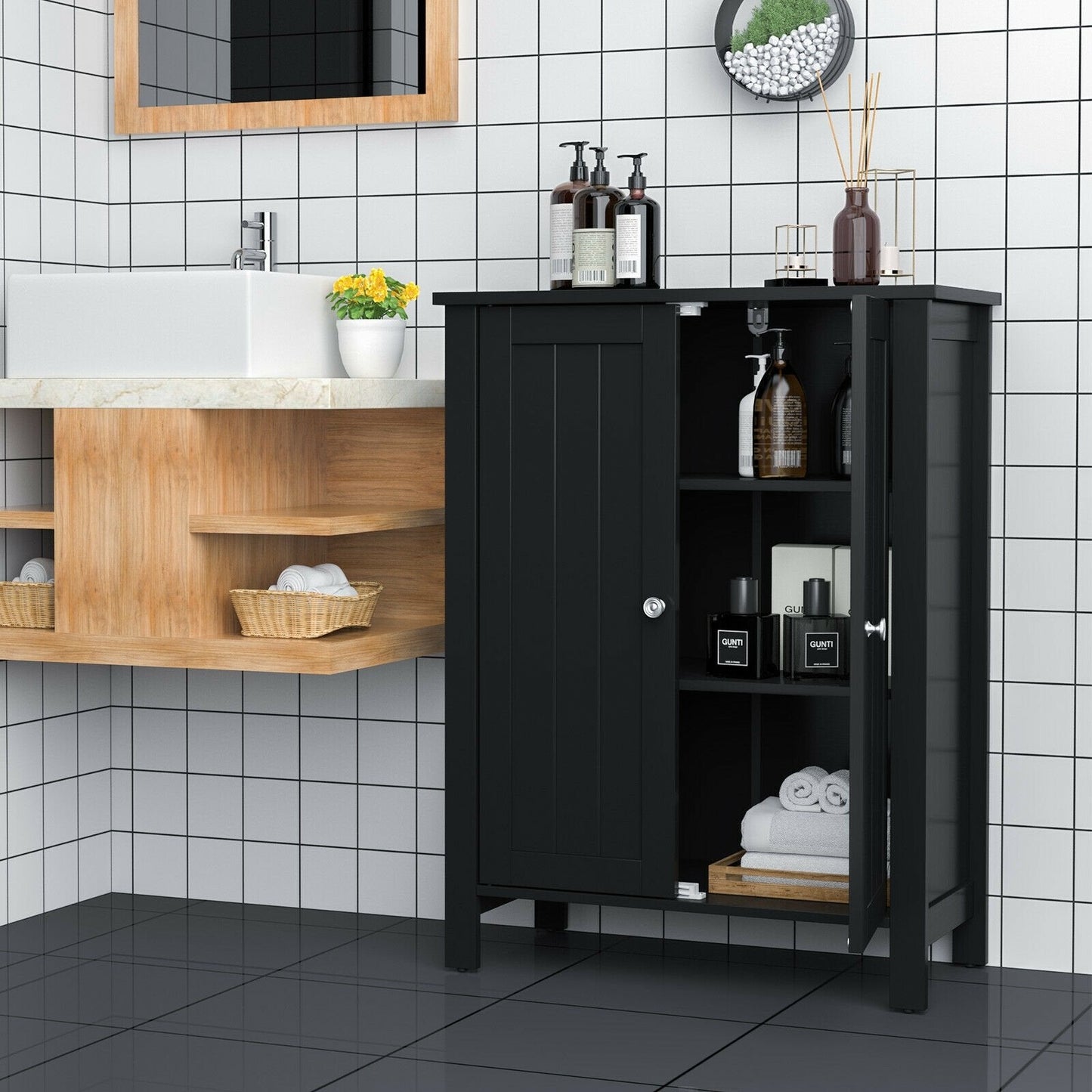 2-Door Bathroom Floor Storage Cabinet Space Saver Organizer, Black Floor Cabinets   at Gallery Canada