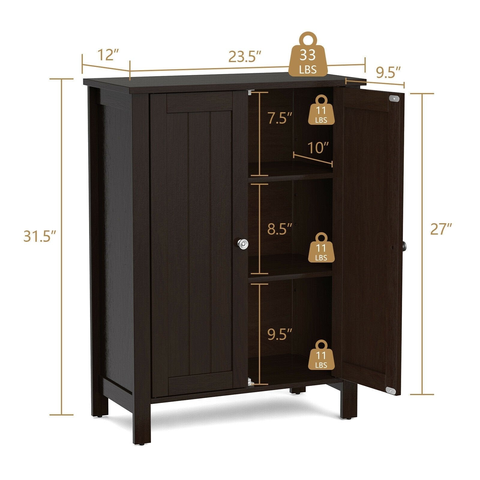 2-Door Bathroom Floor Storage Cabinet Space Saver Organizer, Brown Floor Cabinets   at Gallery Canada