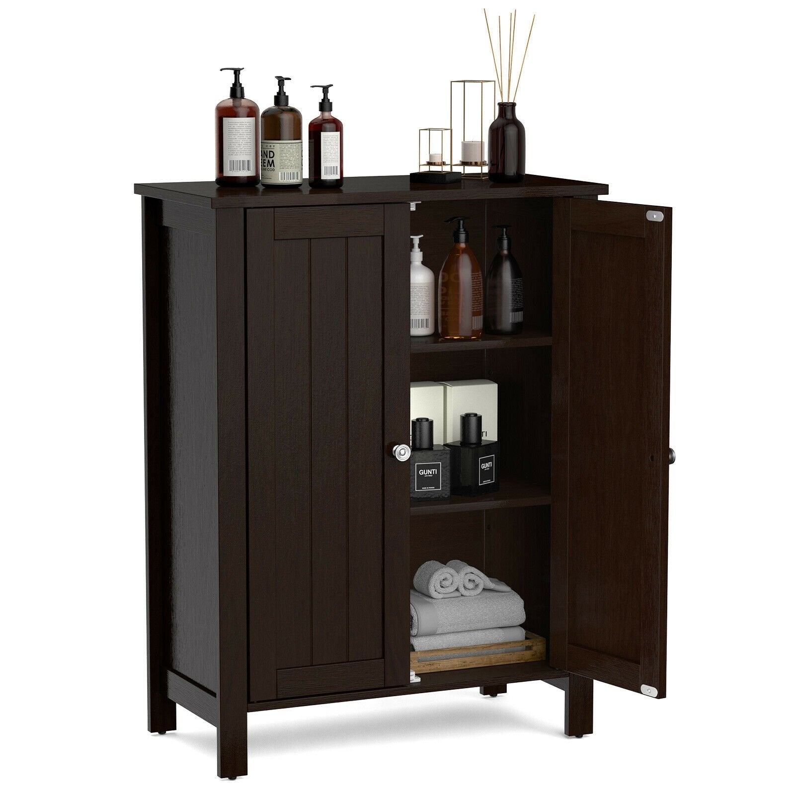 2-Door Bathroom Floor Storage Cabinet Space Saver Organizer, Brown Floor Cabinets   at Gallery Canada