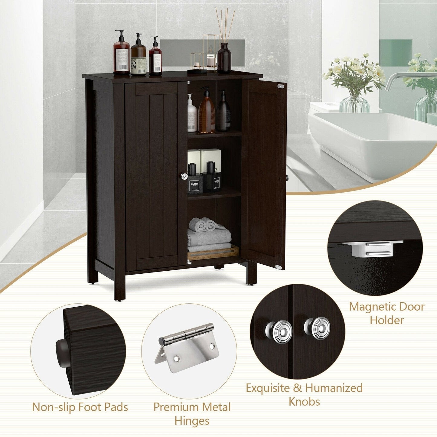 2-Door Bathroom Floor Storage Cabinet Space Saver Organizer, Brown Floor Cabinets   at Gallery Canada