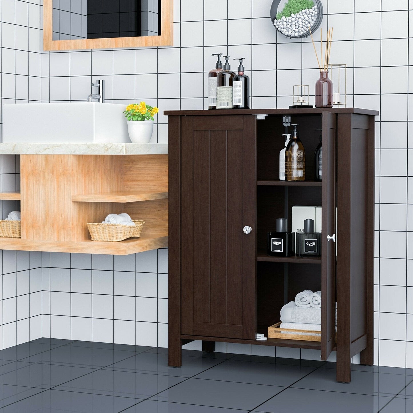 2-Door Bathroom Floor Storage Cabinet Space Saver Organizer, Brown Floor Cabinets   at Gallery Canada